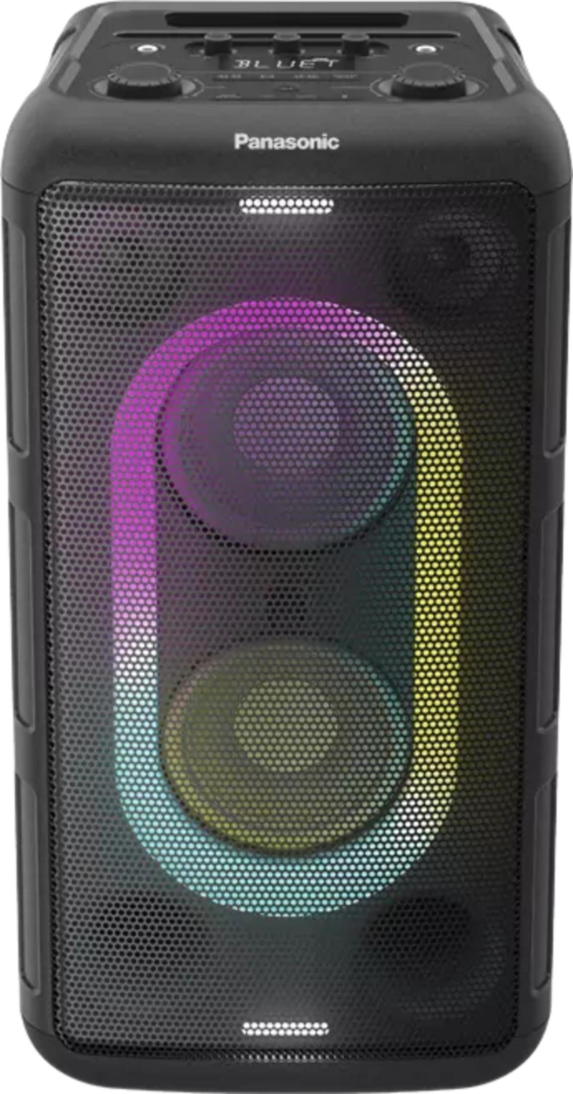 Black Panasonic speaker with colorful lights.