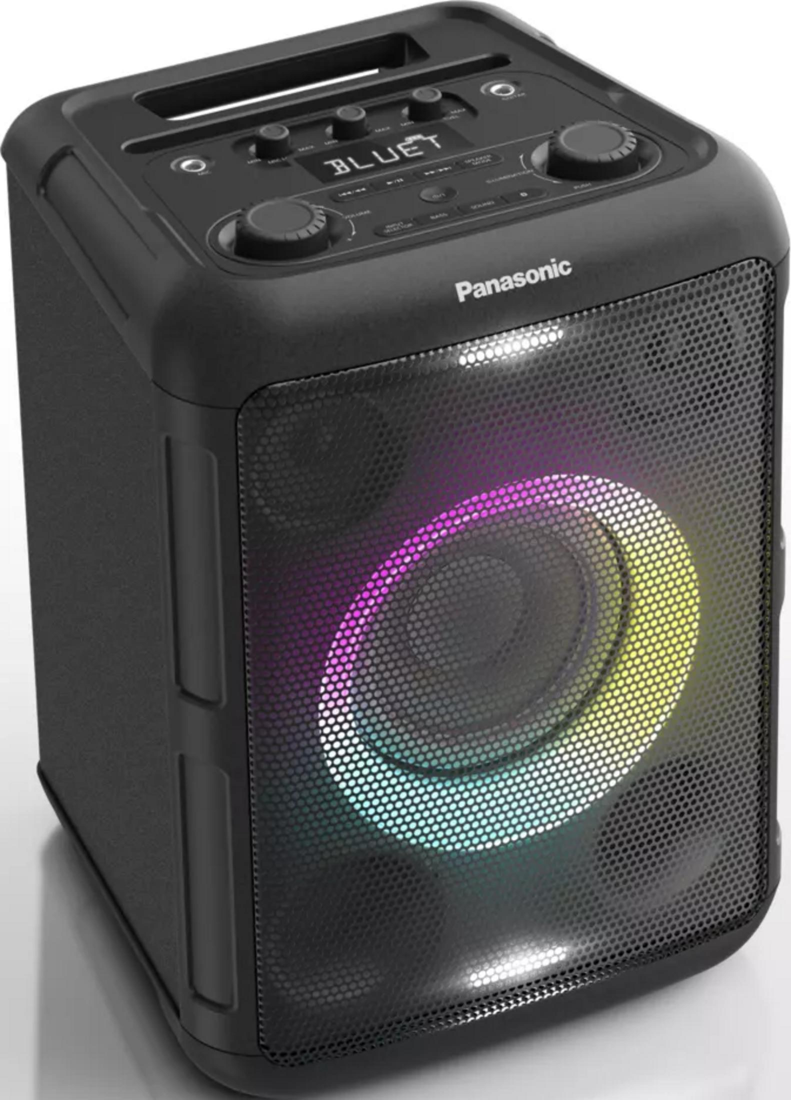 Enceinte Panasonic noire avec lumières colorées et boutons de commande.