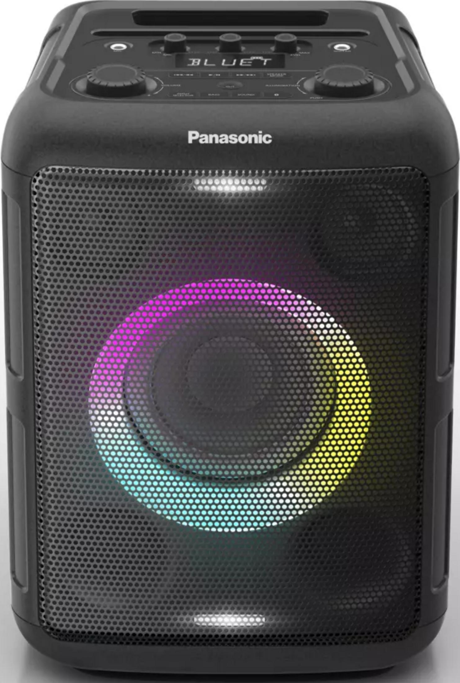 Enceinte Panasonic noire avec lumières LED colorées sur la grille.