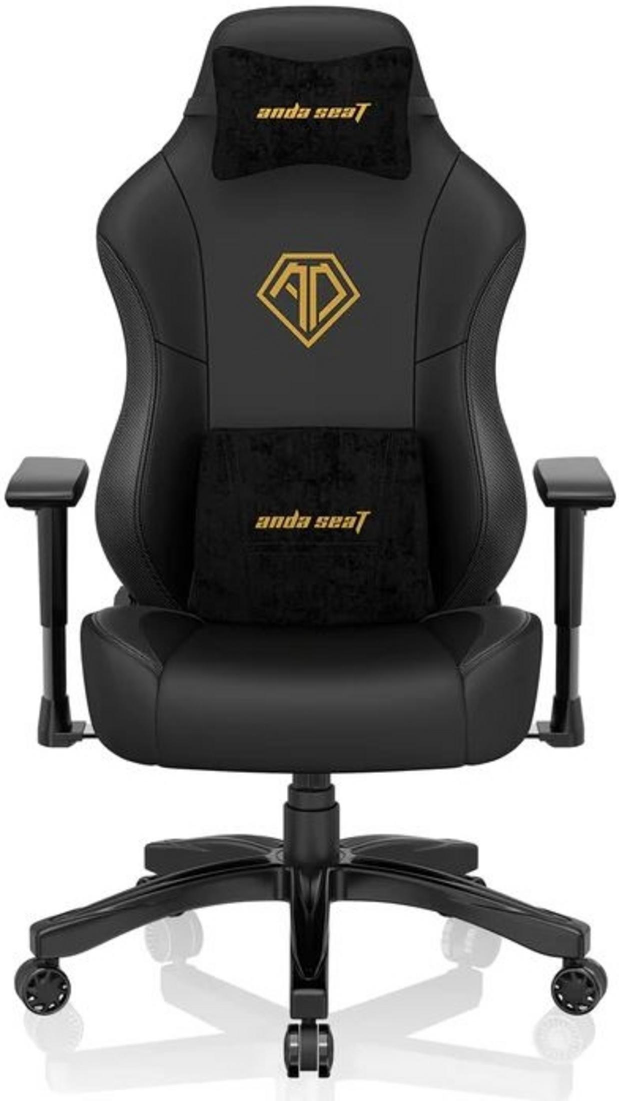 Zwarte gamestoel met gouden logo en tekst.