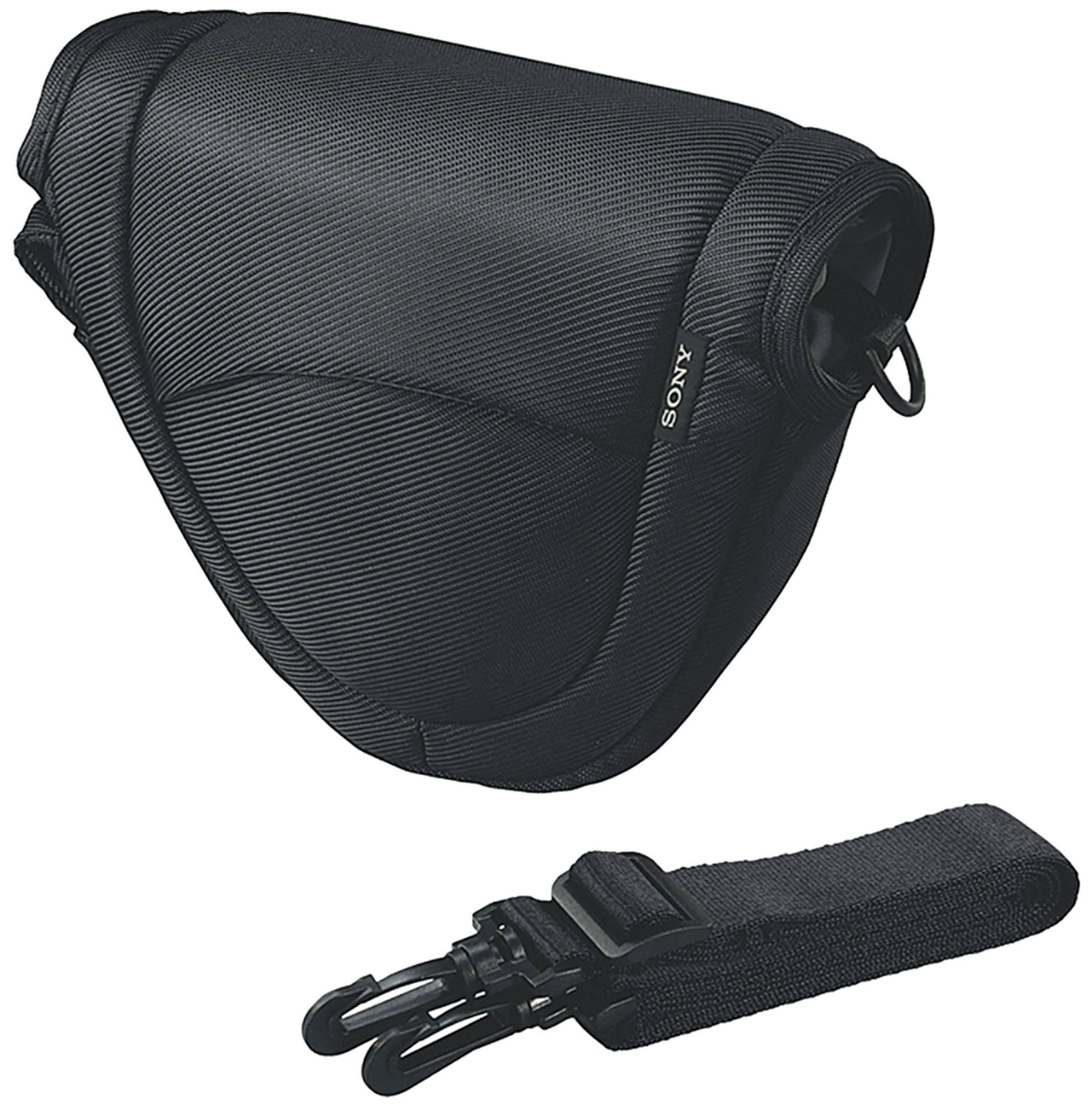 Schwarze Sony Kameratasche mit Tragegurt und Schnallen.