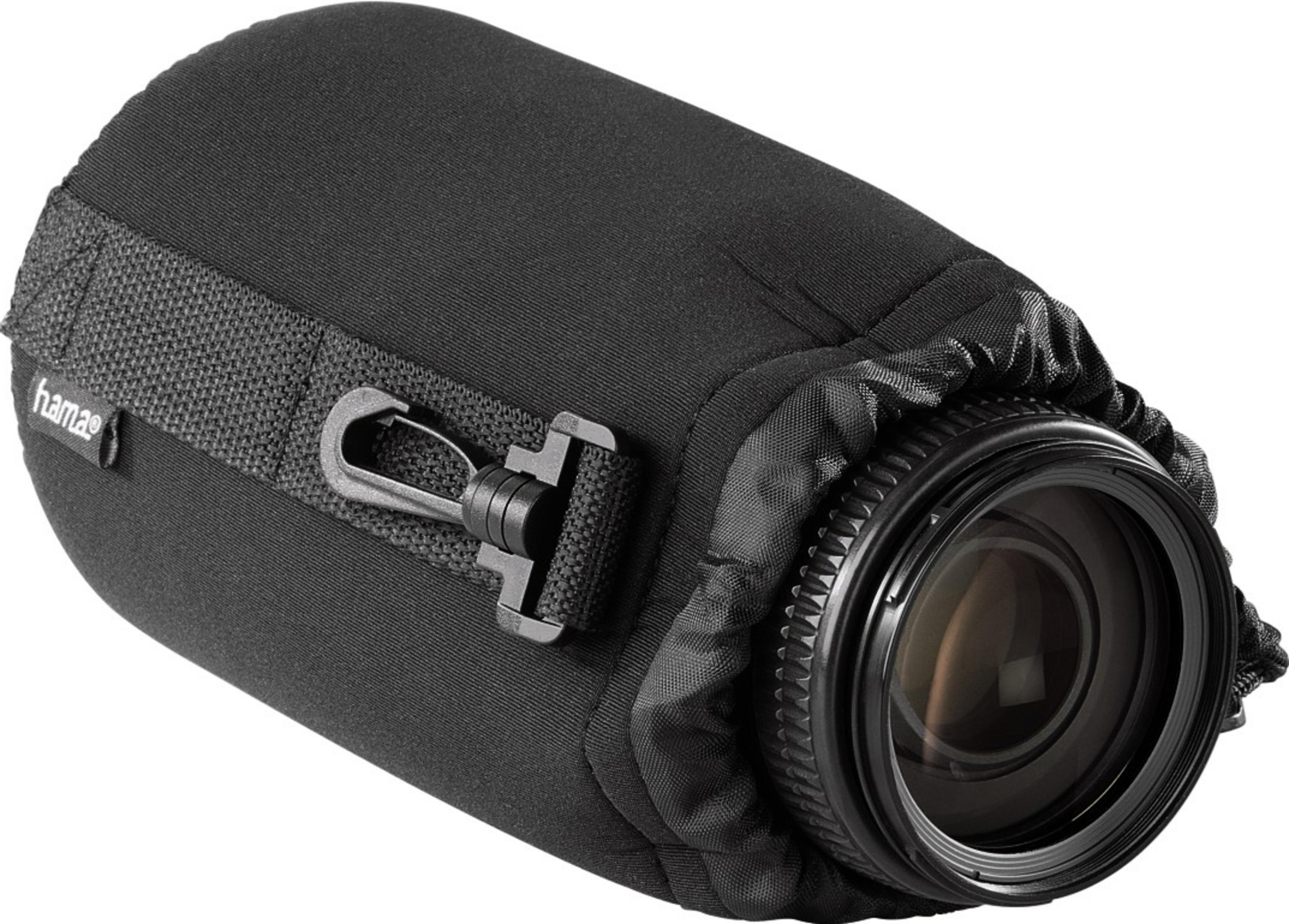 Custodia nera per obiettivo fotocamera con coulisse e moschettone.