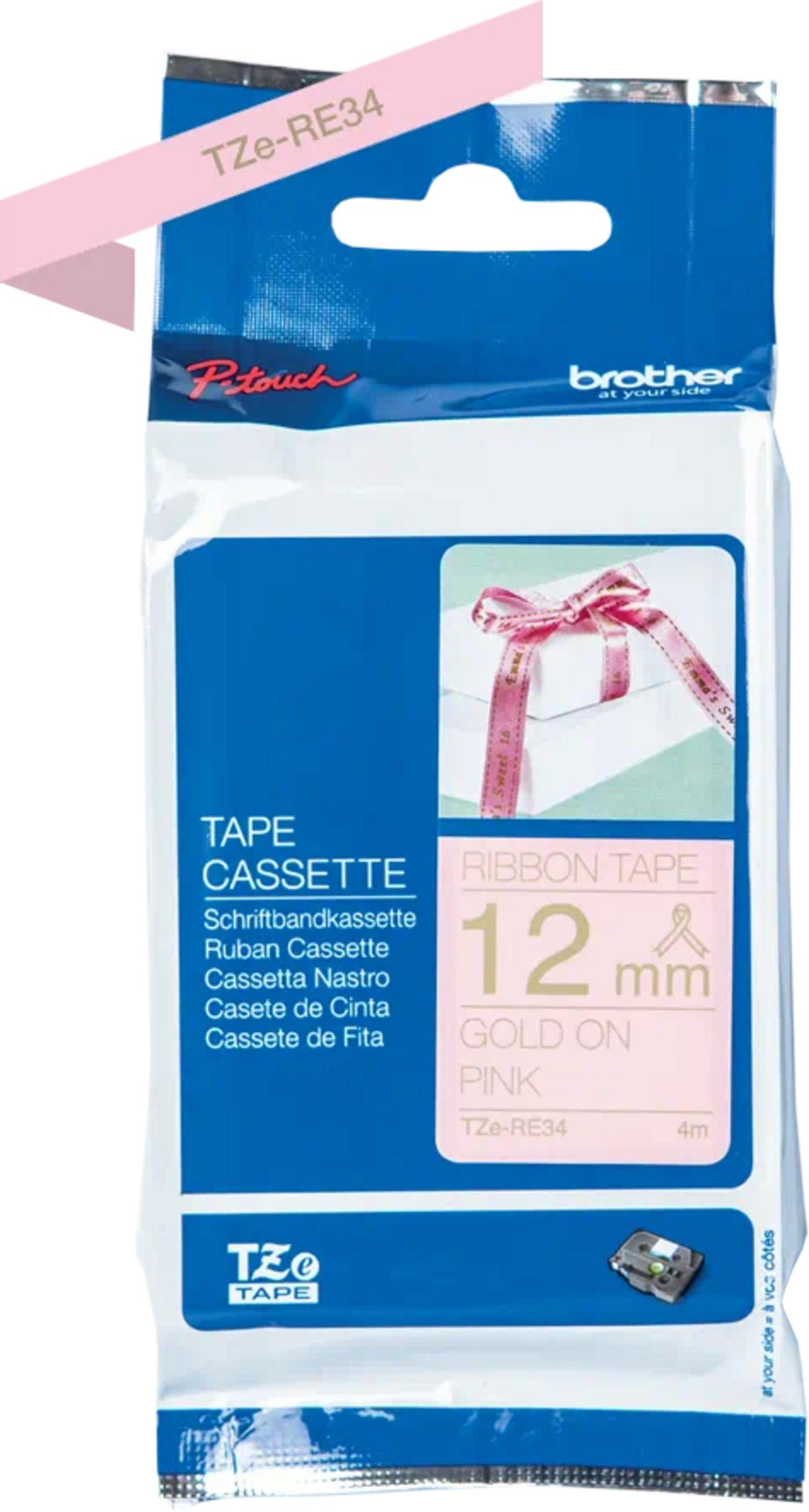 Verpackung für Brother P-touch Bandkassette TZe-RE34, 12mm Gold auf Pink.