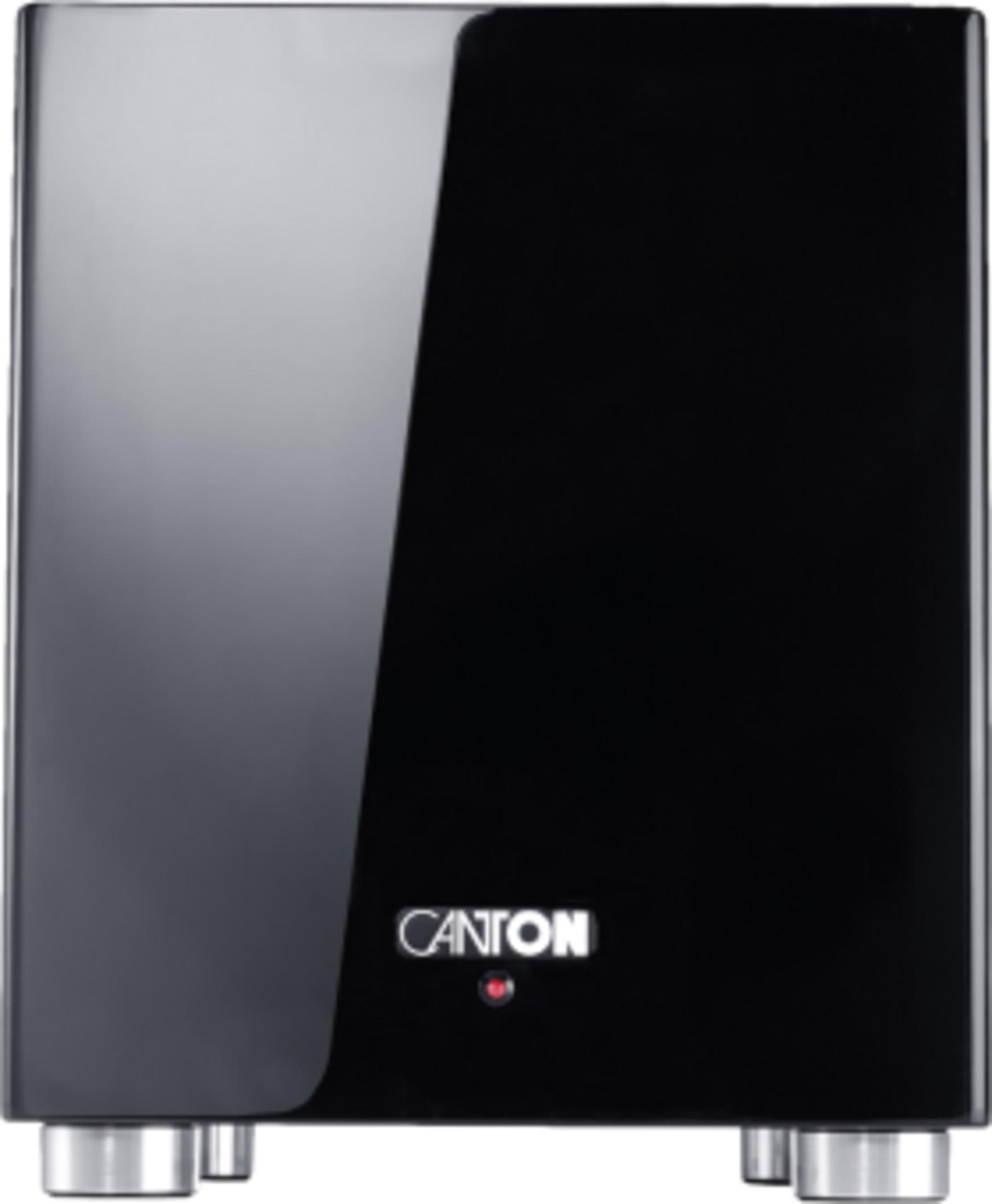 Schwarzer Canton Subwoofer mit silbernen Füßen und rotem Licht.