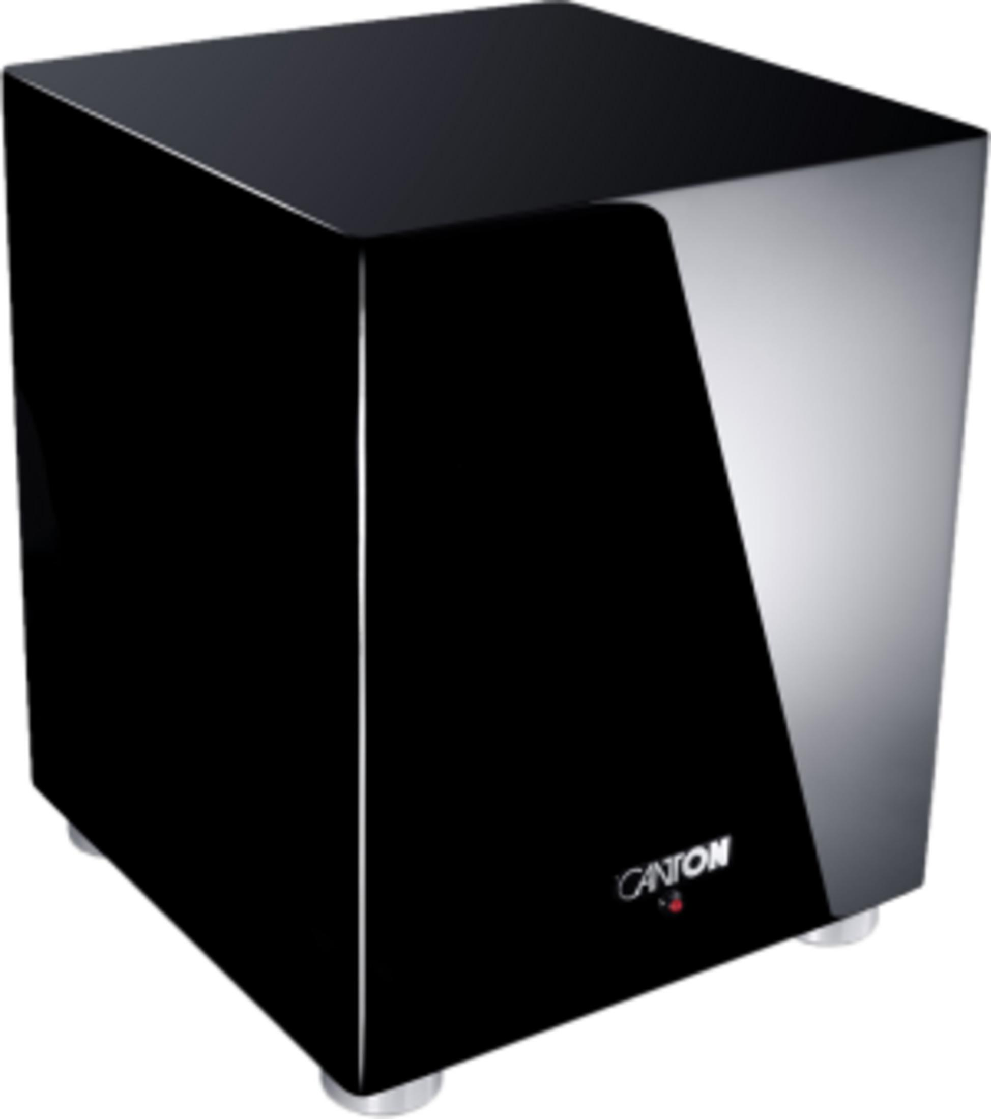 Ein glänzender schwarzer Subwoofer mit silbernen Füßen und dem Canton-Logo.