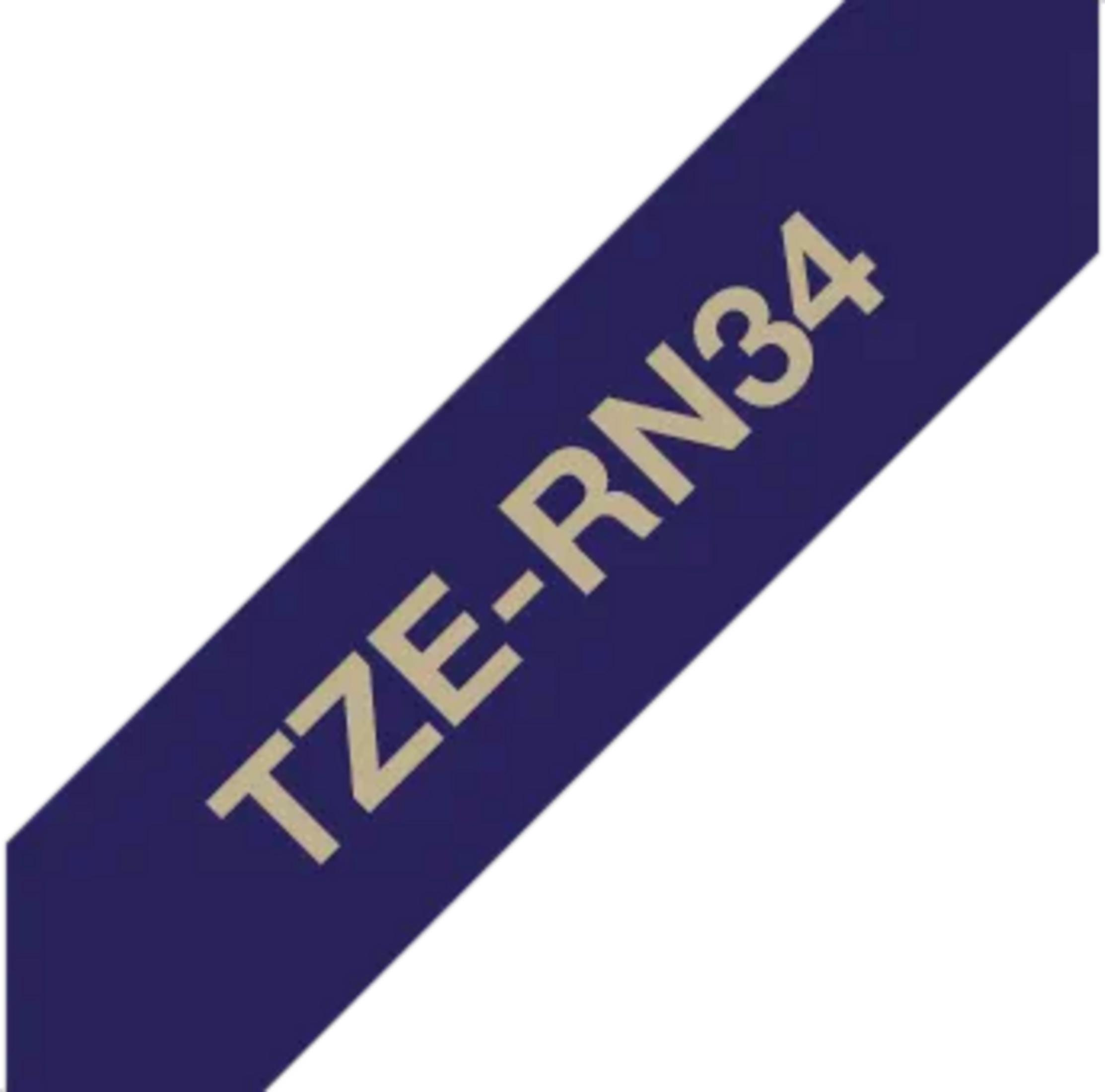 Ein dunkelblauer Streifen mit hellbeiger Schrift TZE-RN34.