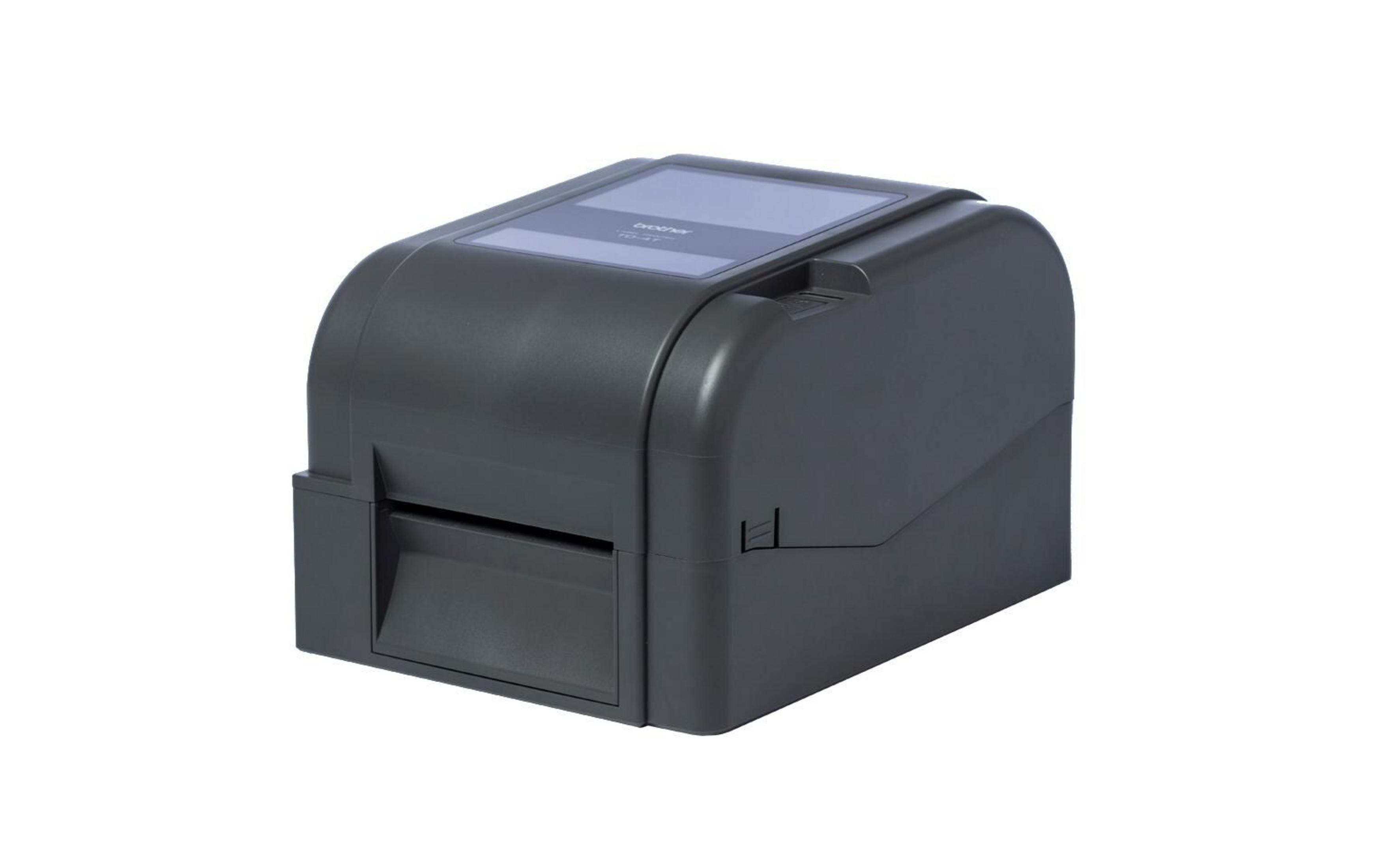 A dark gray label printer with a clear window on top.