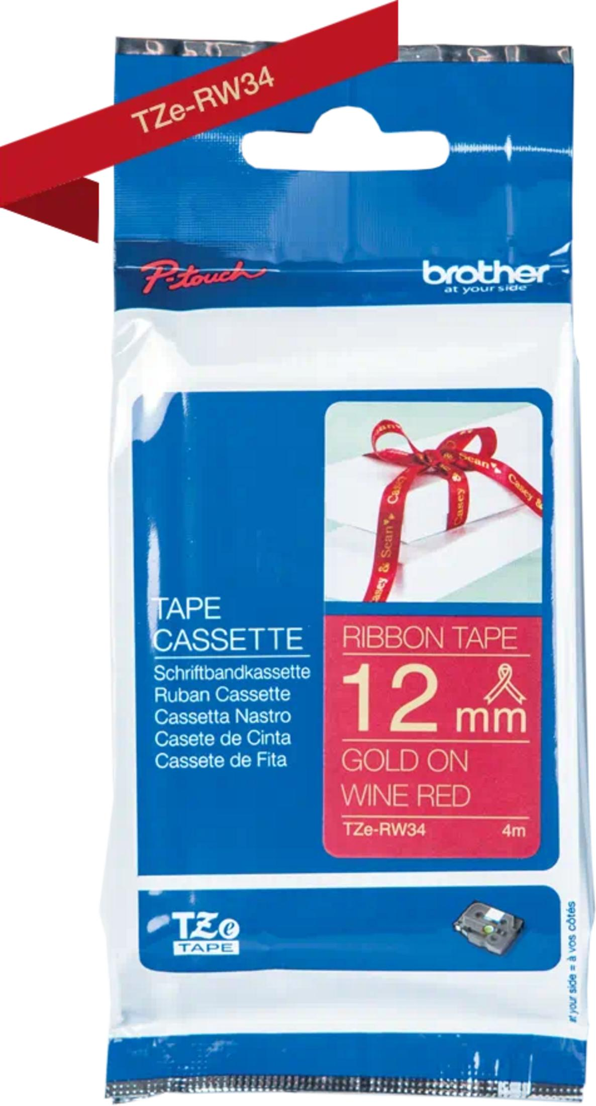 Brother TZe-RW34 Bandkassette, gold auf weinrot, 12mm.