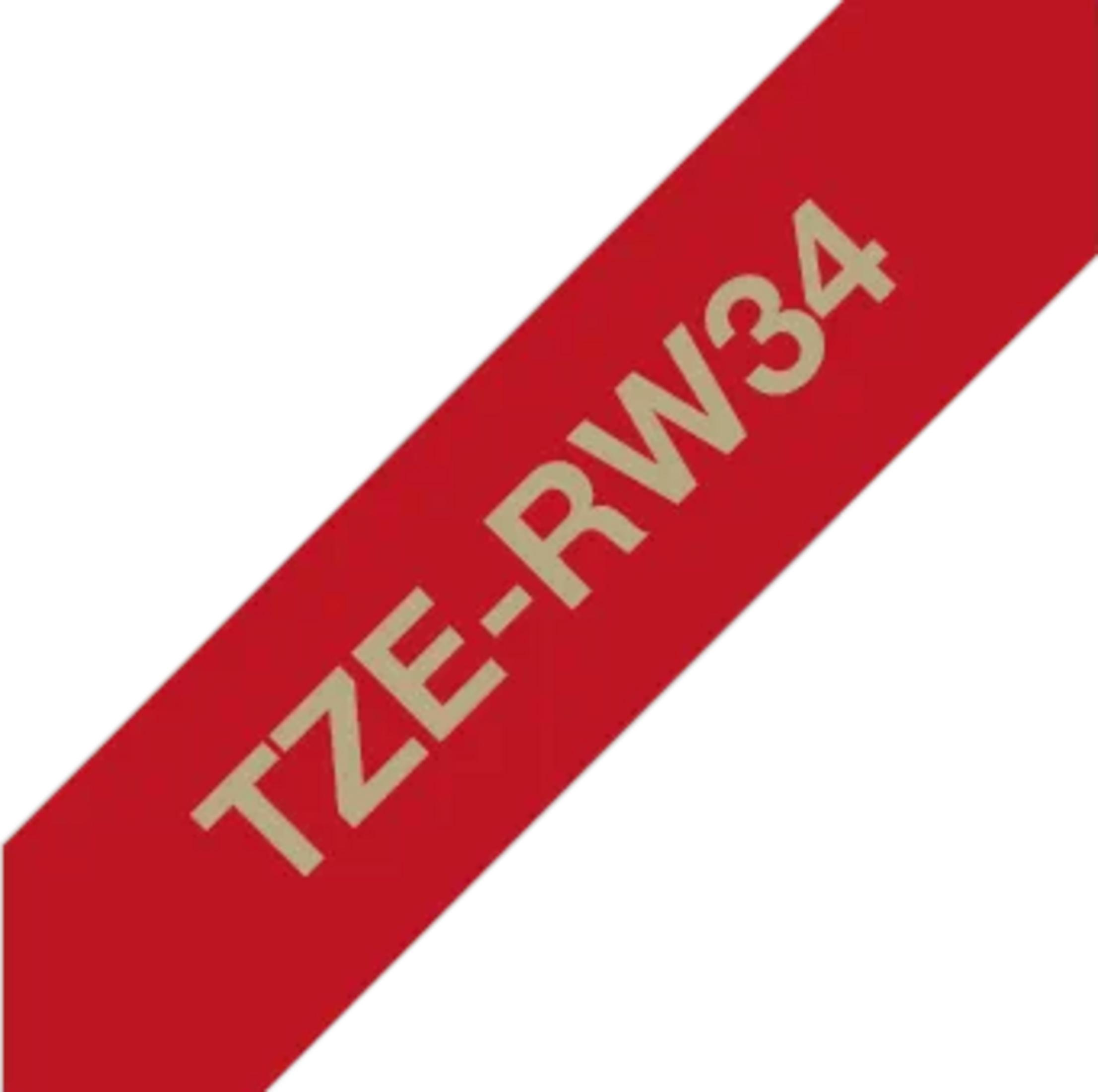 Ein rotes Band mit goldener Schrift TZE-RW34.
