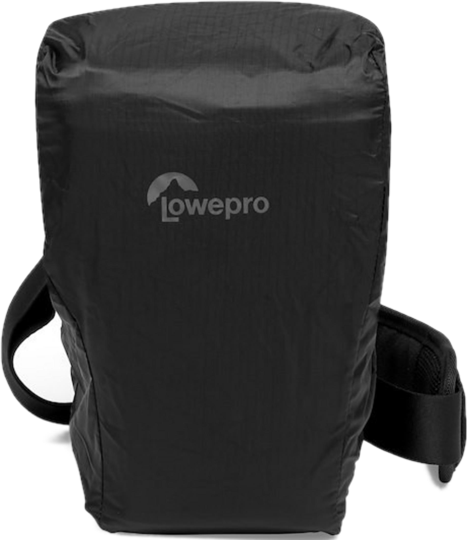 Schwarzer Rucksack mit Lowepro-Logo, auf weißem Hintergrund.