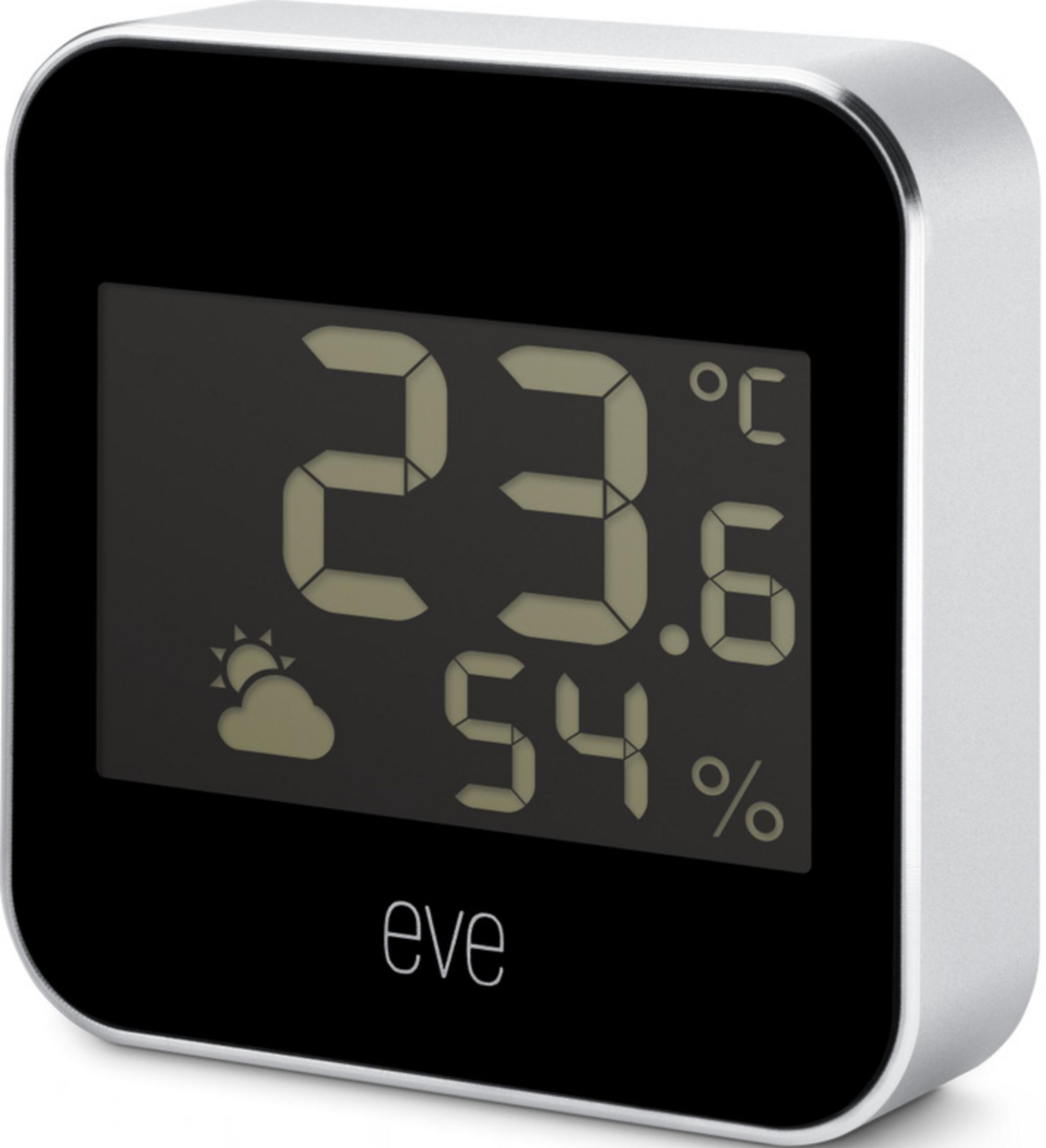 Ein silberner Eve Wetter-Sensor zeigt 23.6°C und 54% Luftfeuchtigkeit an.