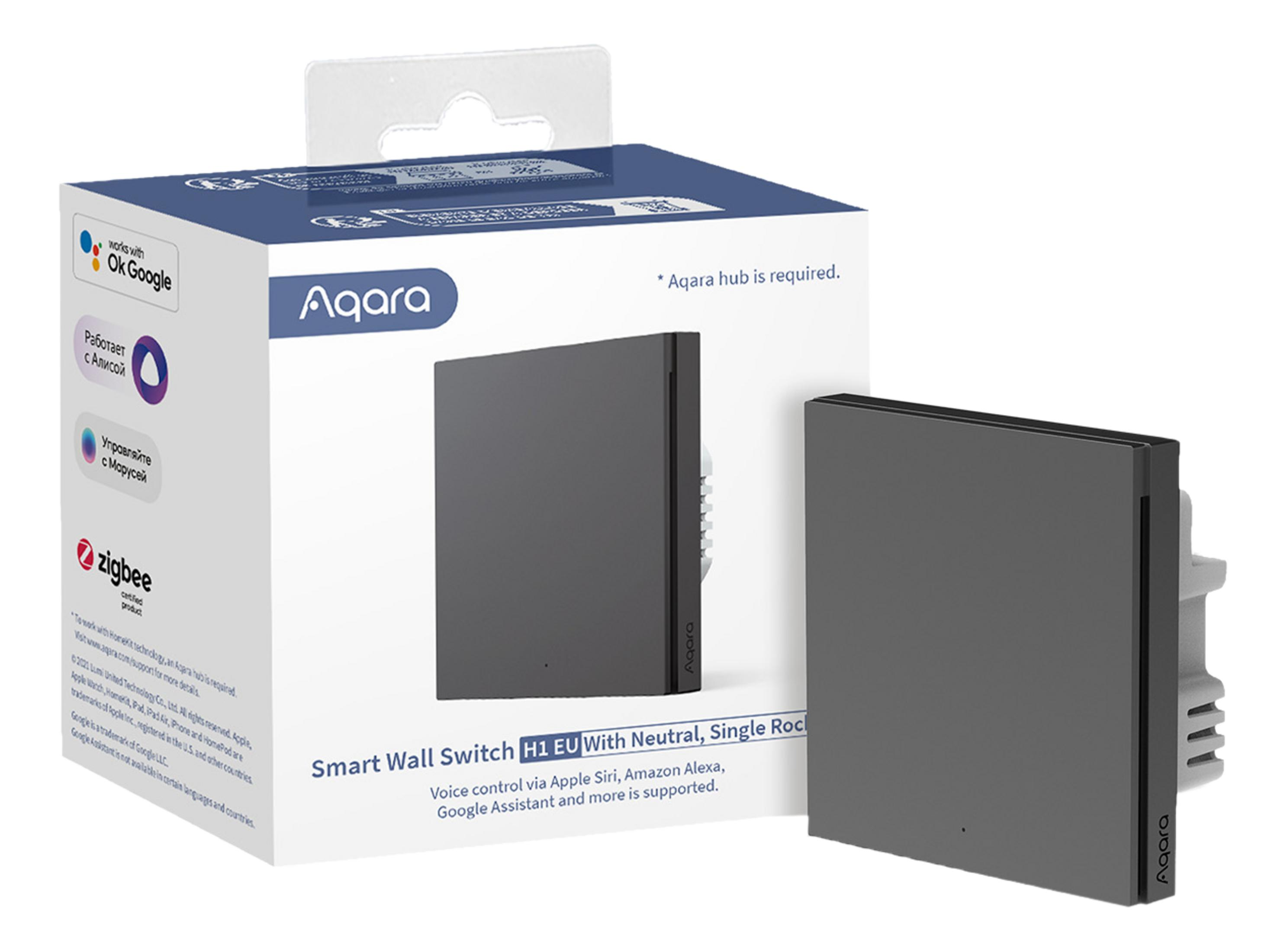 Interruttore a muro intelligente Aqara H1 EU con neutro e singola roccia sulla confezione.