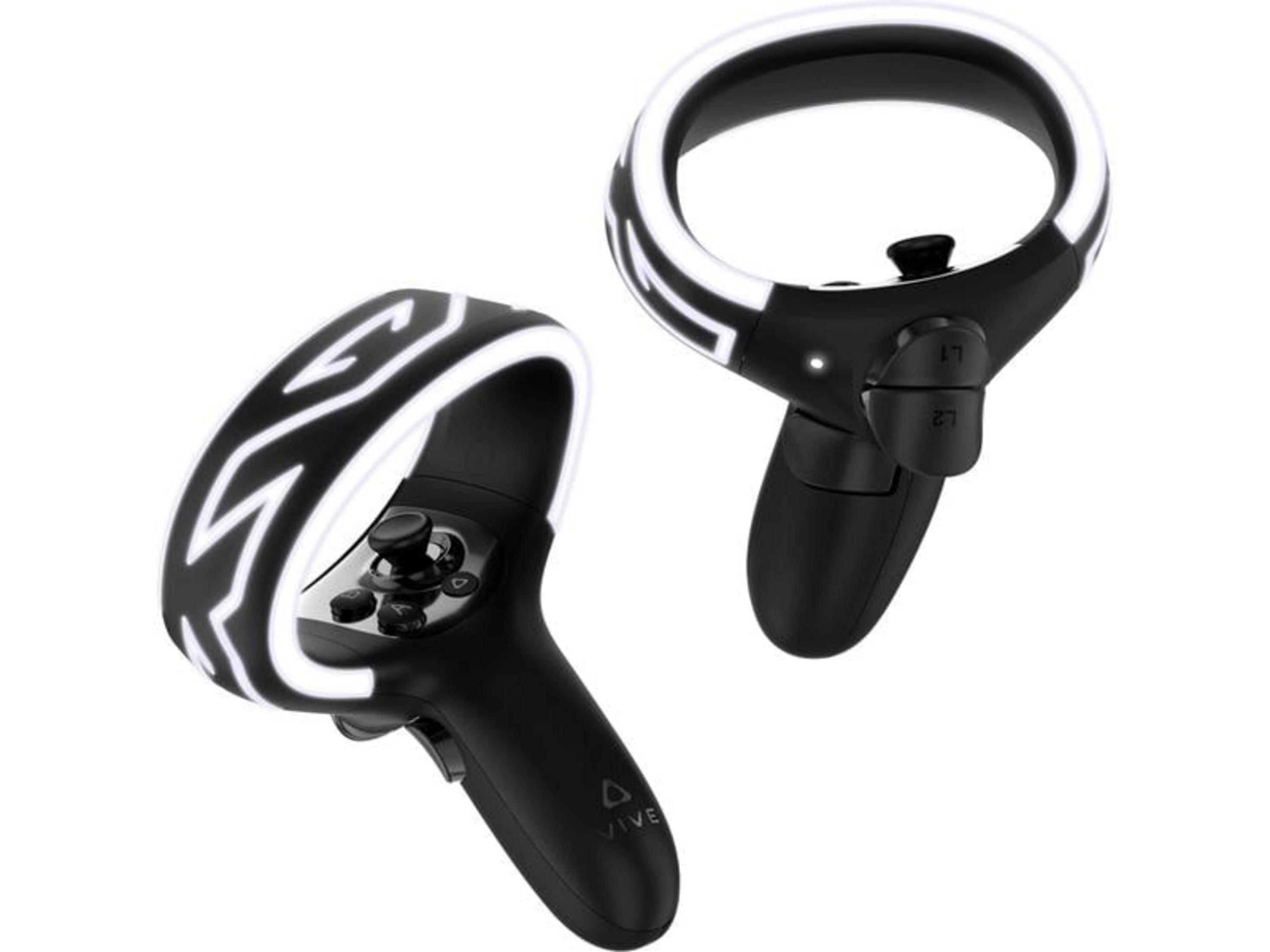 Zwei schwarze VR-Controller mit leuchtenden Ringen auf weißem Hintergrund.