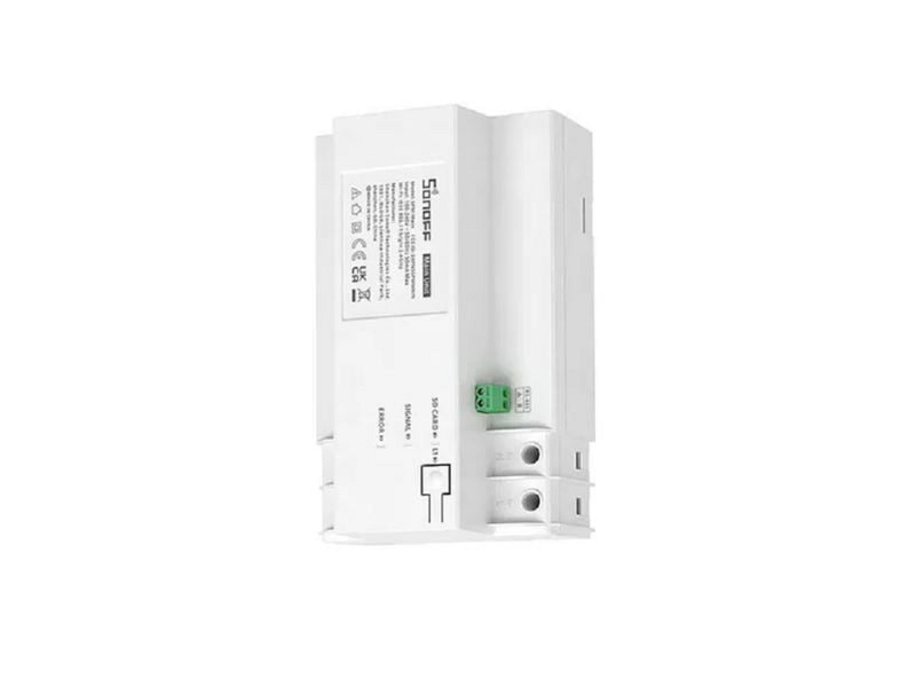 Dispositivo Sonoff bianco con morsettiera verde ed etichette come SD CARD, SIGNAL, ERROR.