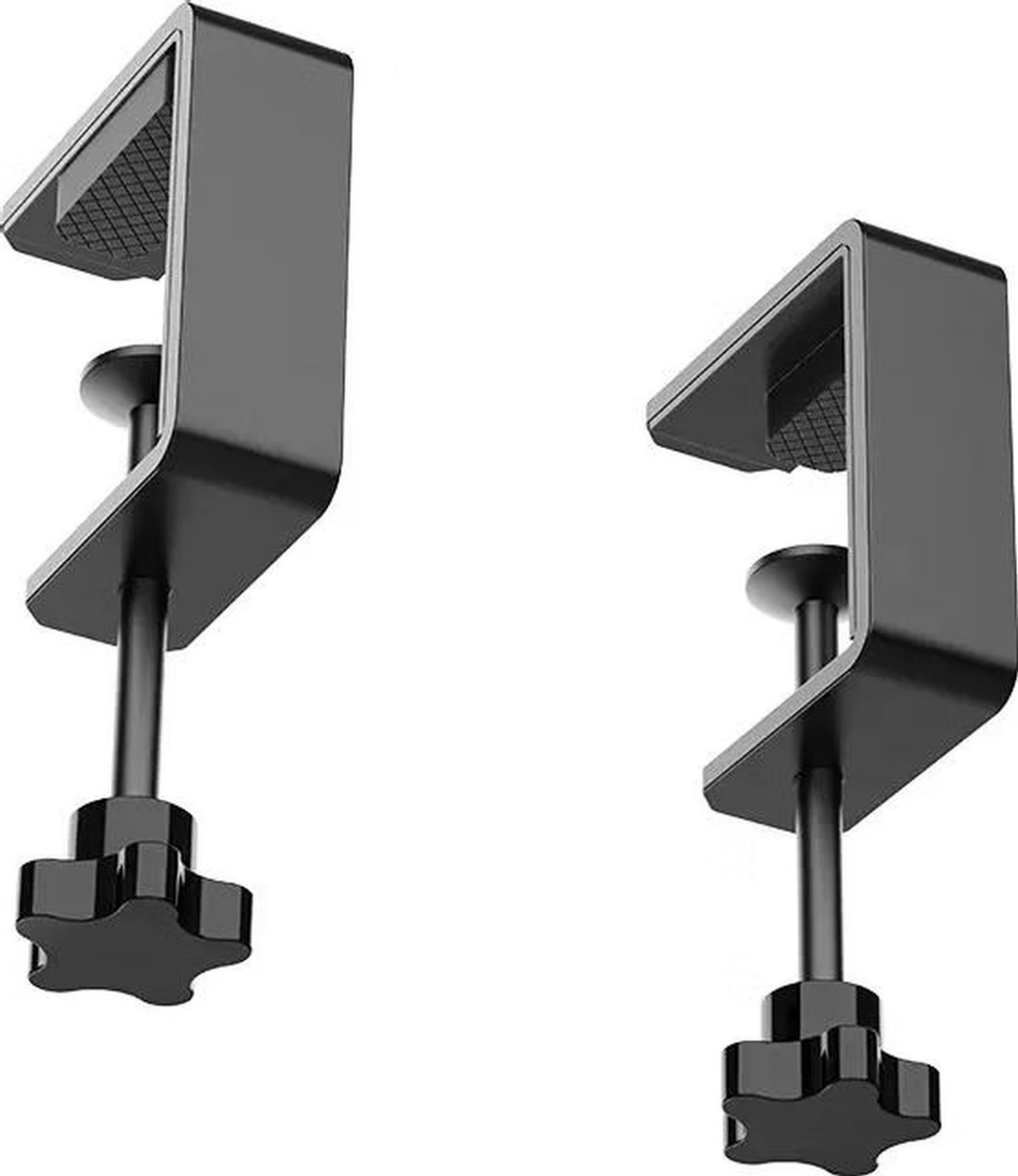 Two black desk clamps with star knobs on a white background.