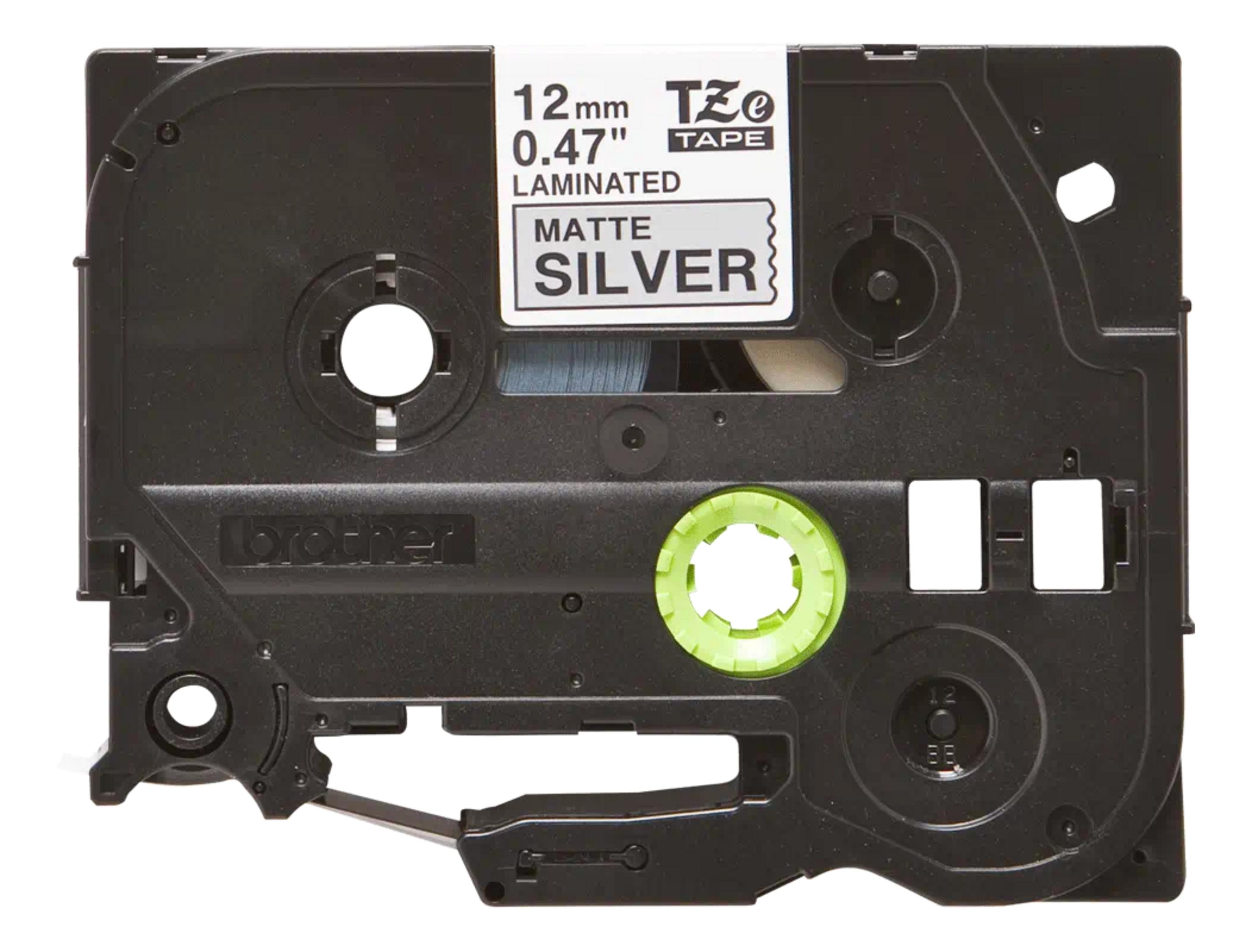 Cassetta nastro Brother TZe nera con nastro argento opaco 12mm.