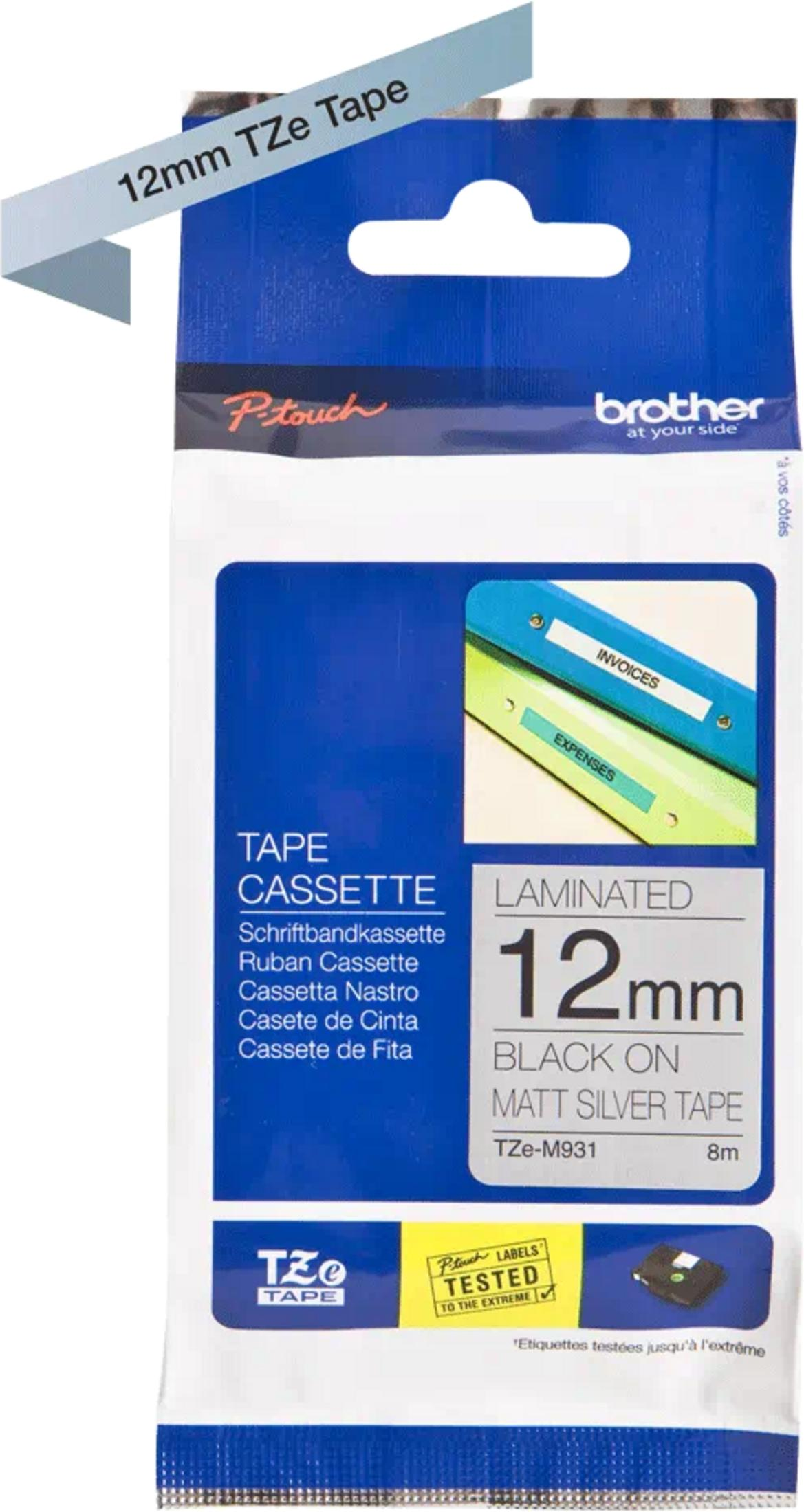 Cassetta nastro Brother TZe-M931: 12mm nero su nastro argento opaco.