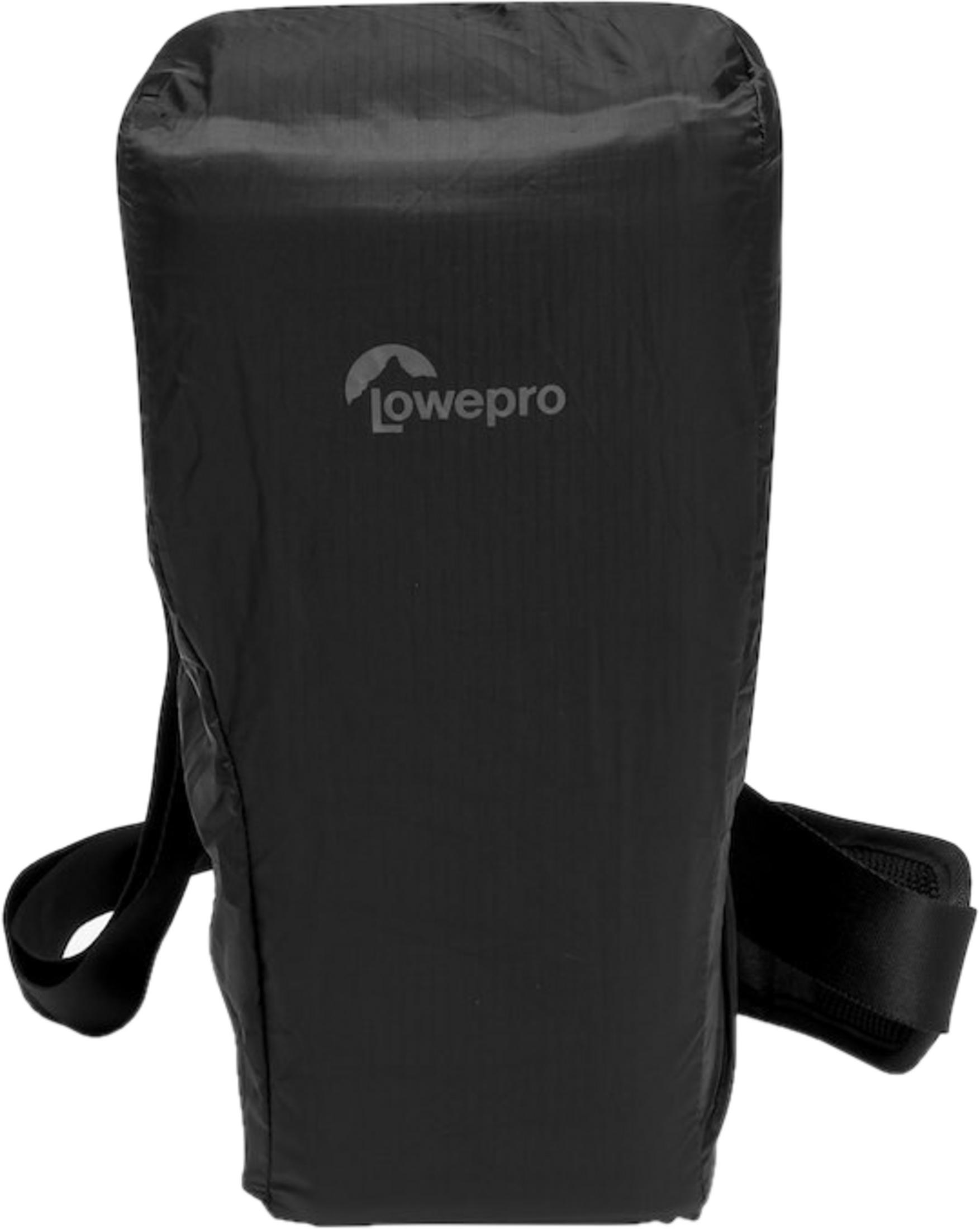 Borsa fotografica nera con logo Lowepro e tracolla.