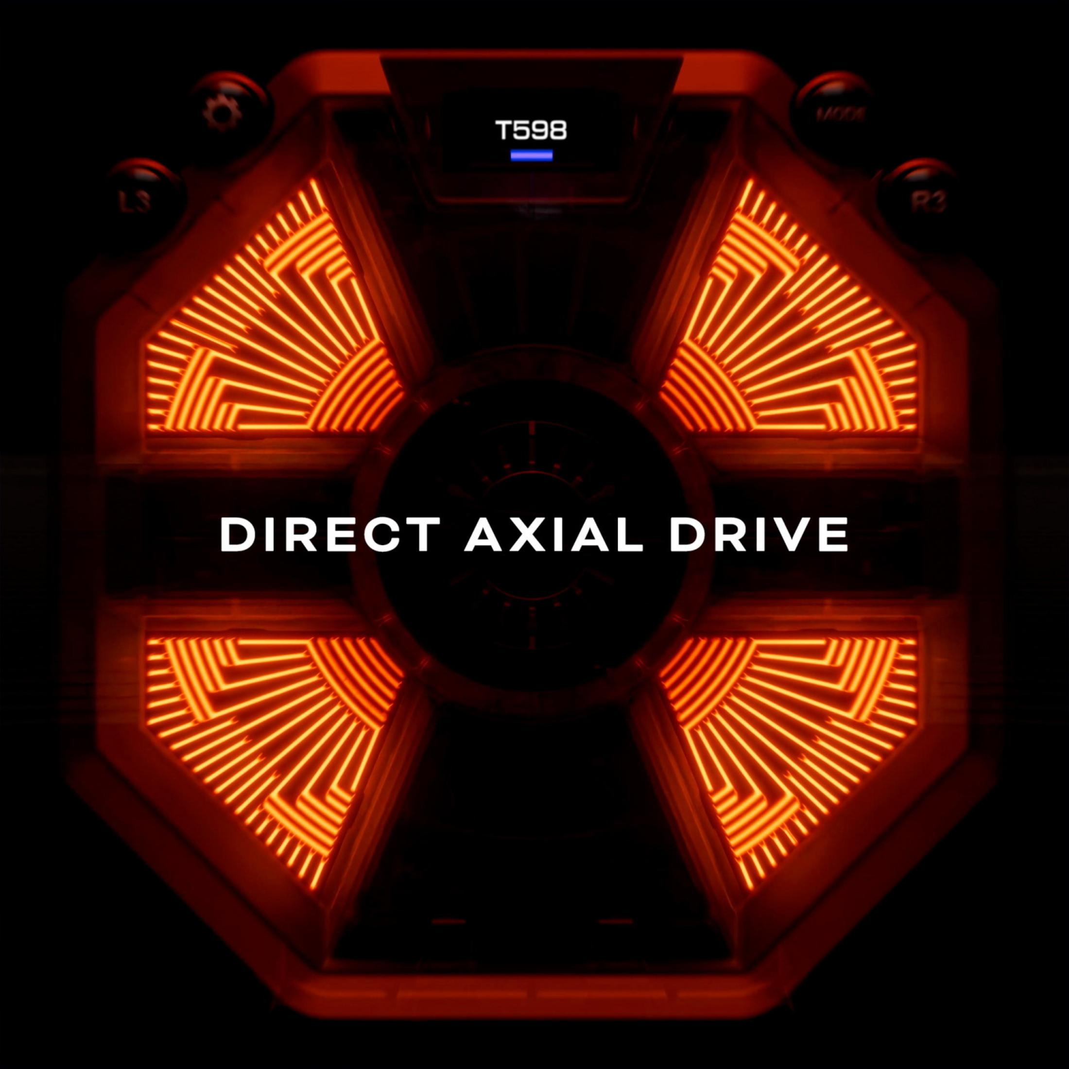 Ein achteckiges Gerät mit leuchtenden orangefarbenen Linien und dem Text "DIRECT AXIAL DRIVE".