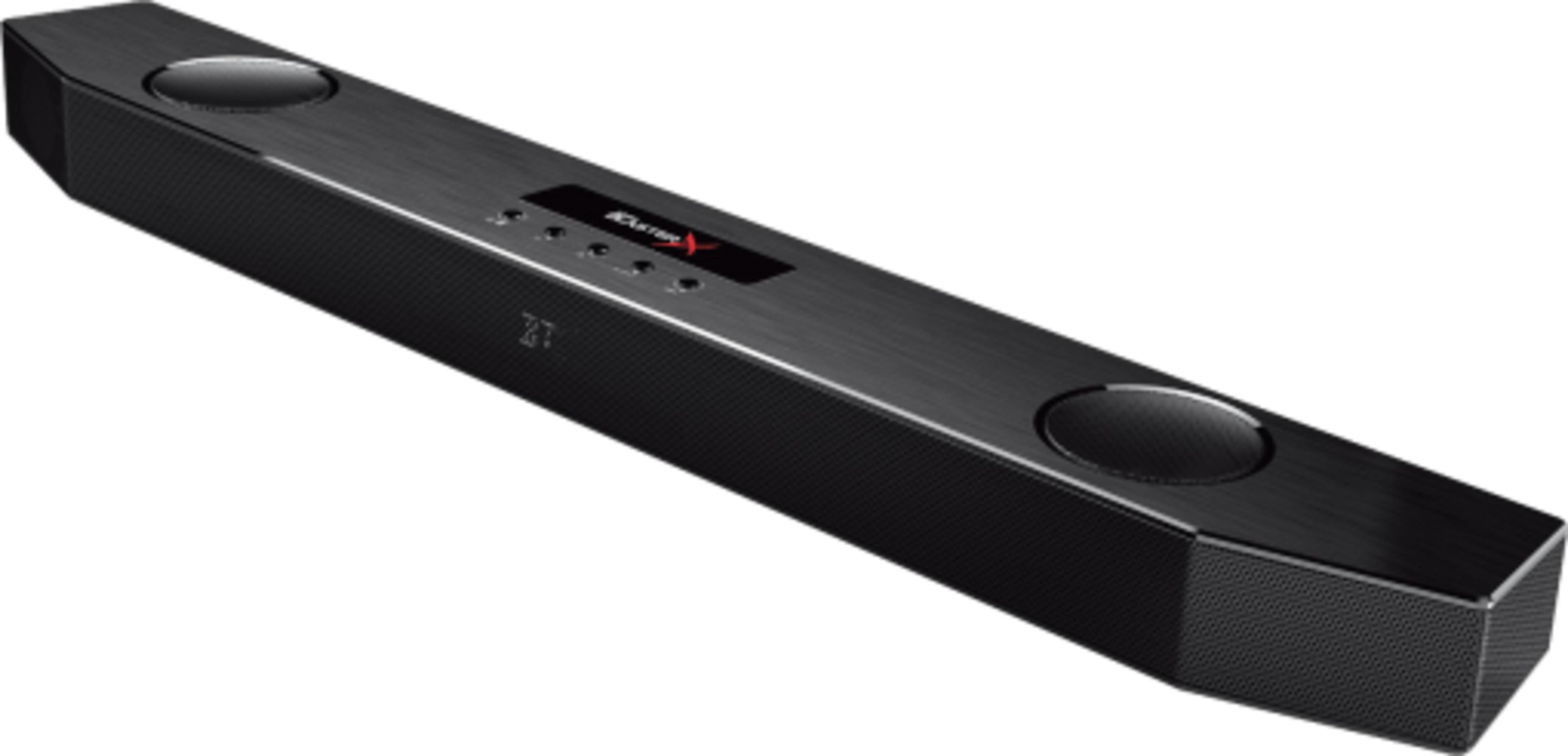 Una soundbar nera ed elegante con finitura in metallo spazzolato.