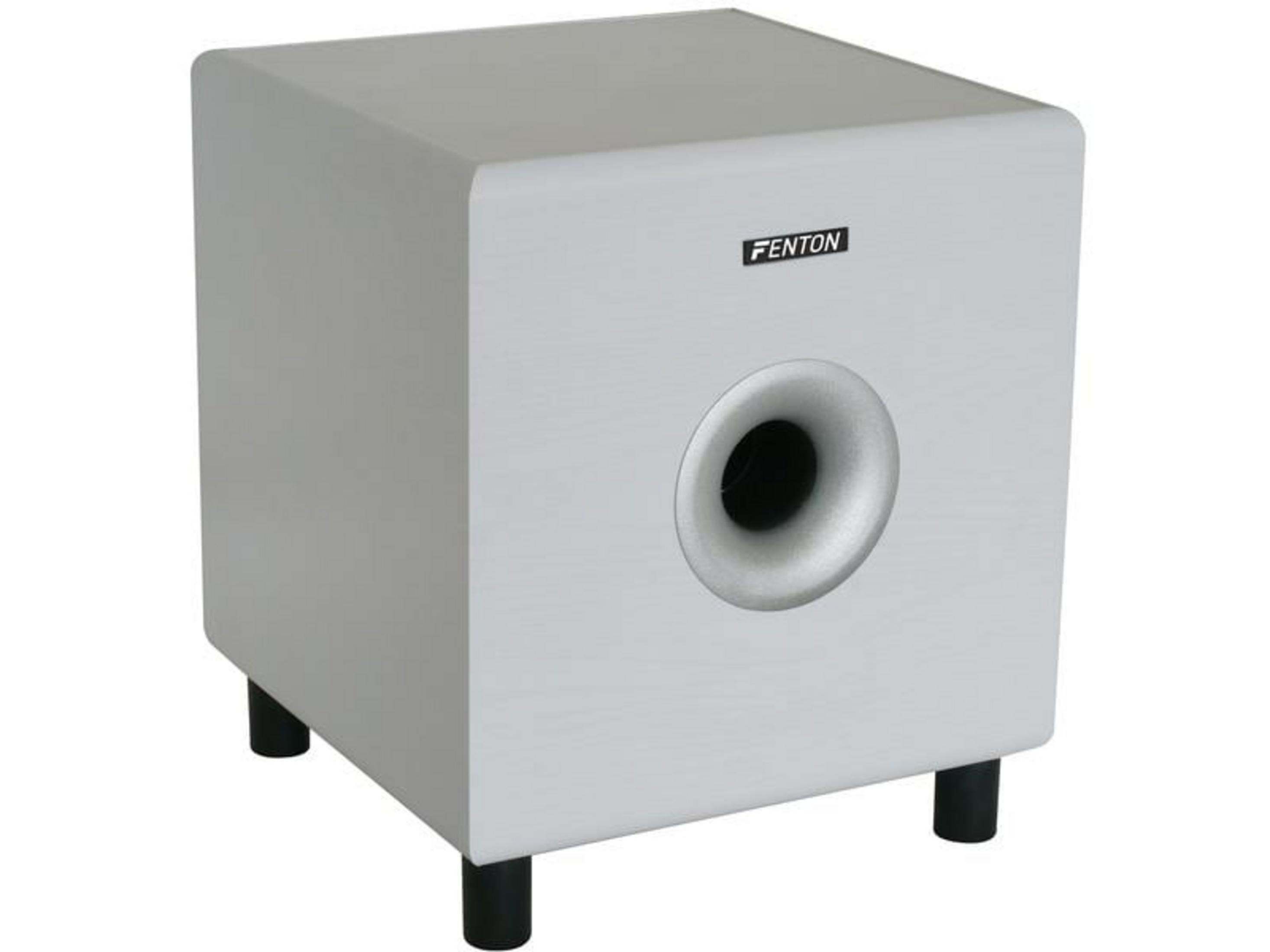 Un subwoofer blanc avec logo Fenton et un port bass reflex rond.