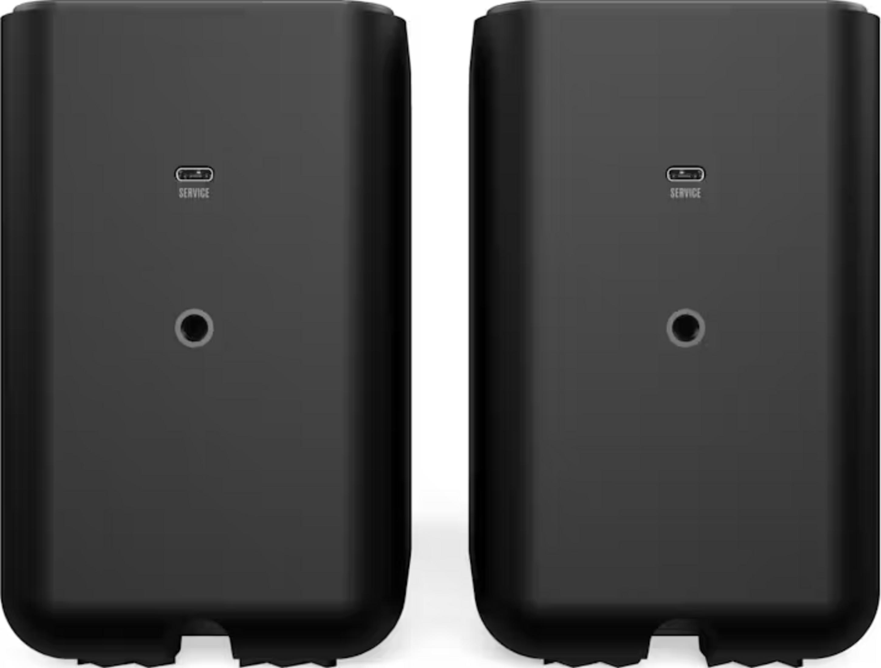 Zwei schwarze rechteckige Geräte nebeneinander mit USB-C-Anschluss und Service-Aufschrift.