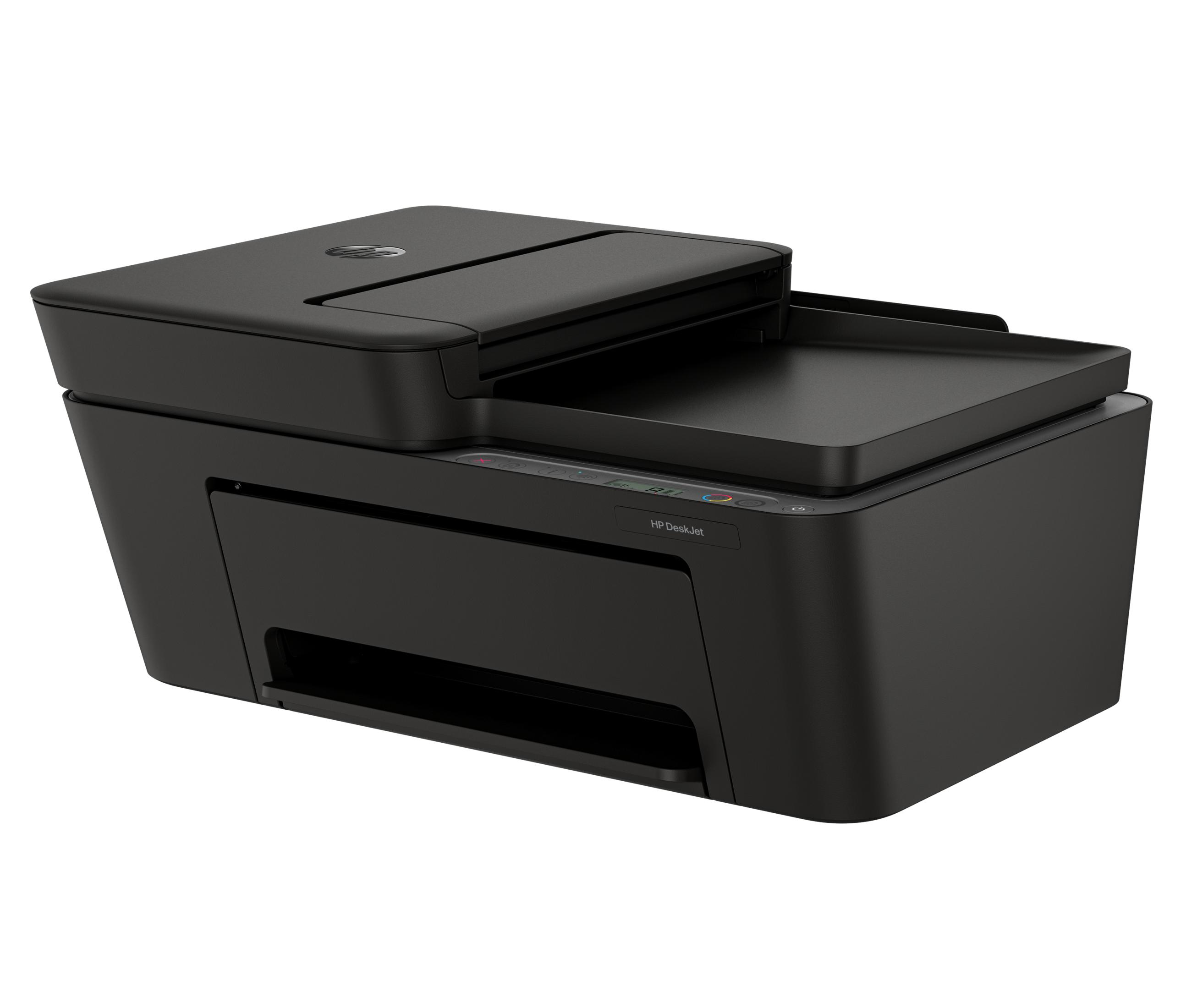Una stampante HP DeskJet nera è mostrata su sfondo bianco.