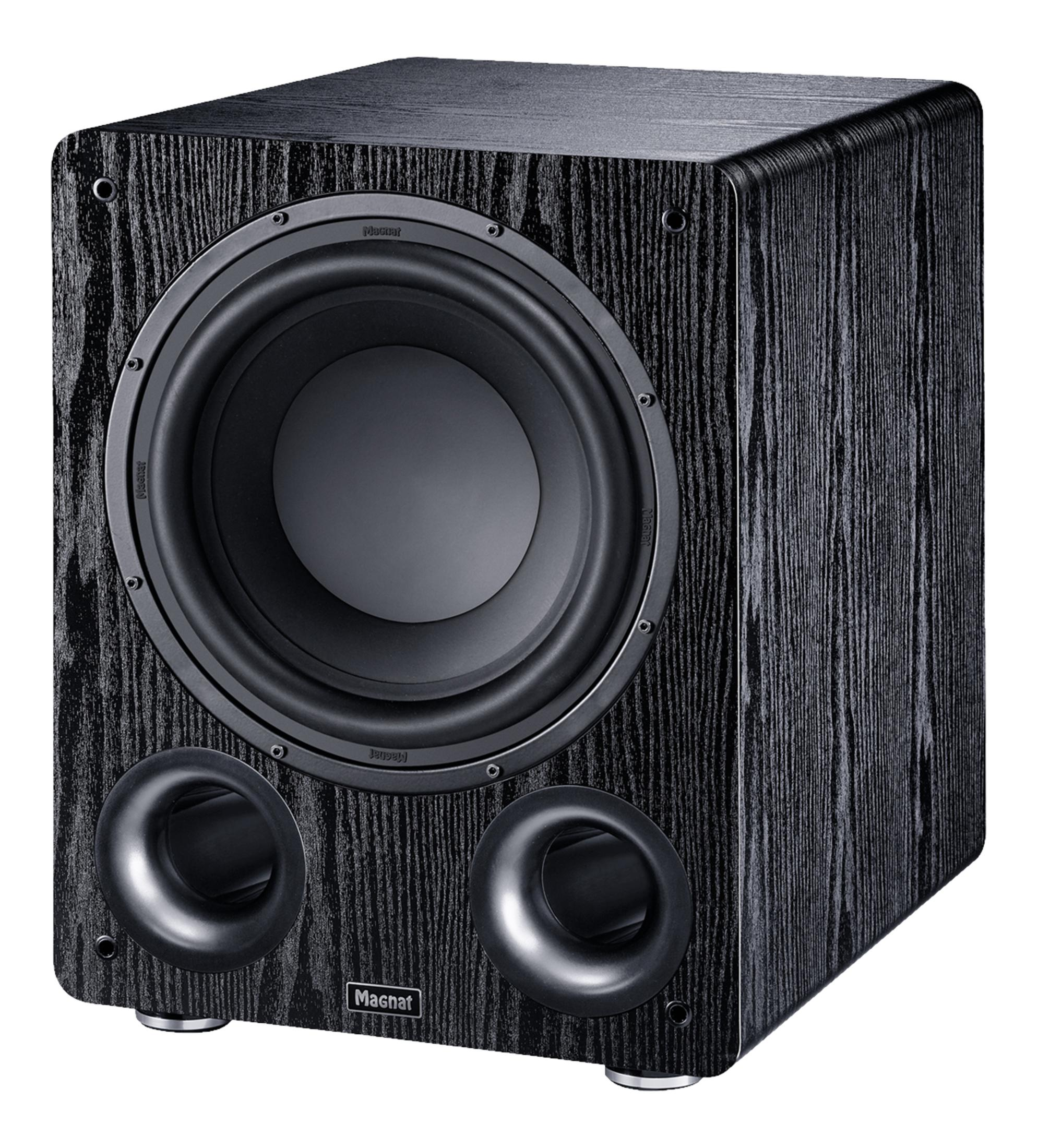 Ein schwarzer Subwoofer mit zwei Bassreflexöffnungen und einem großen Lautsprecher.