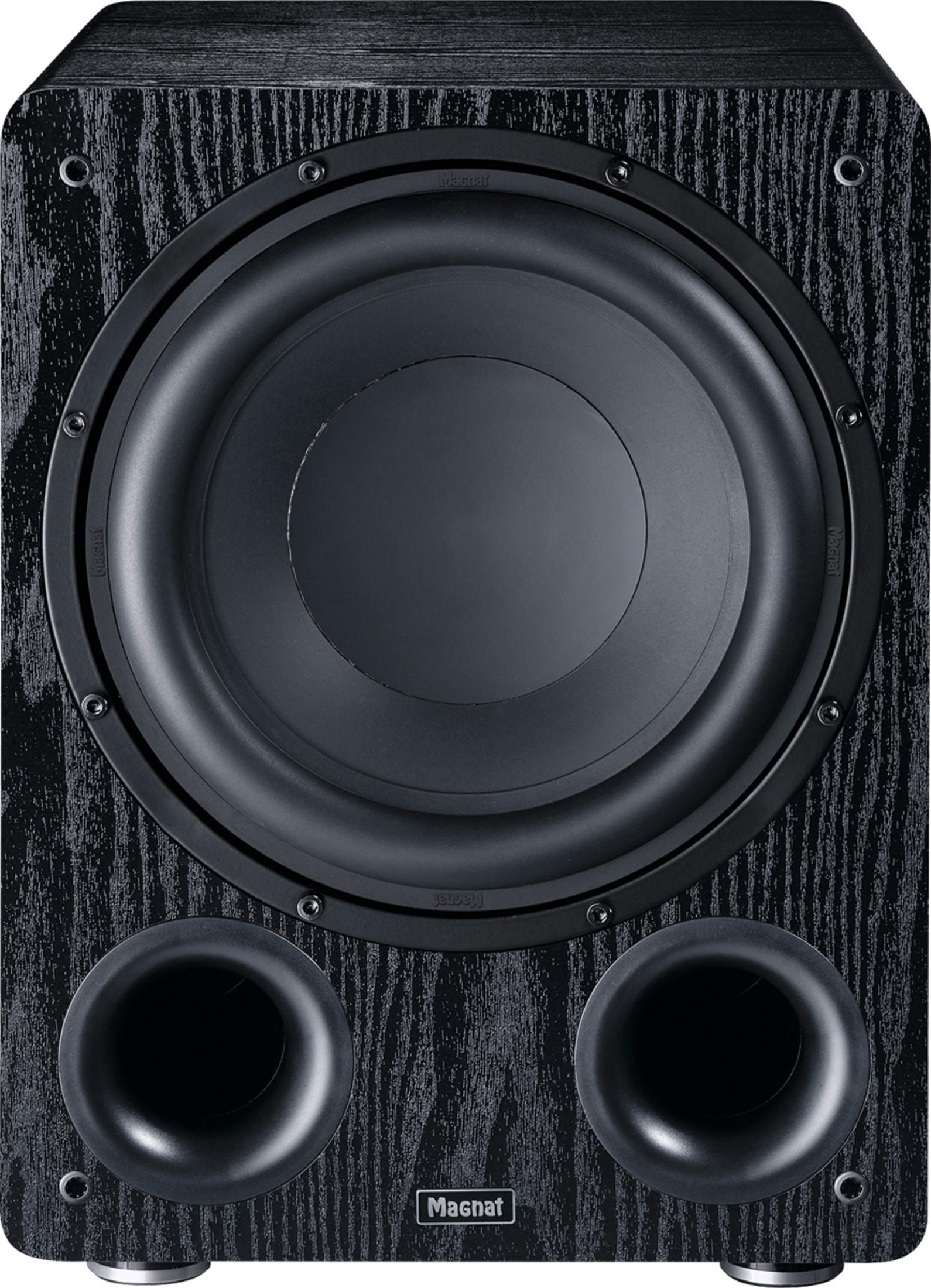Schwarzer Subwoofer mit großem Lautsprecher und zwei Bassreflexrohren.