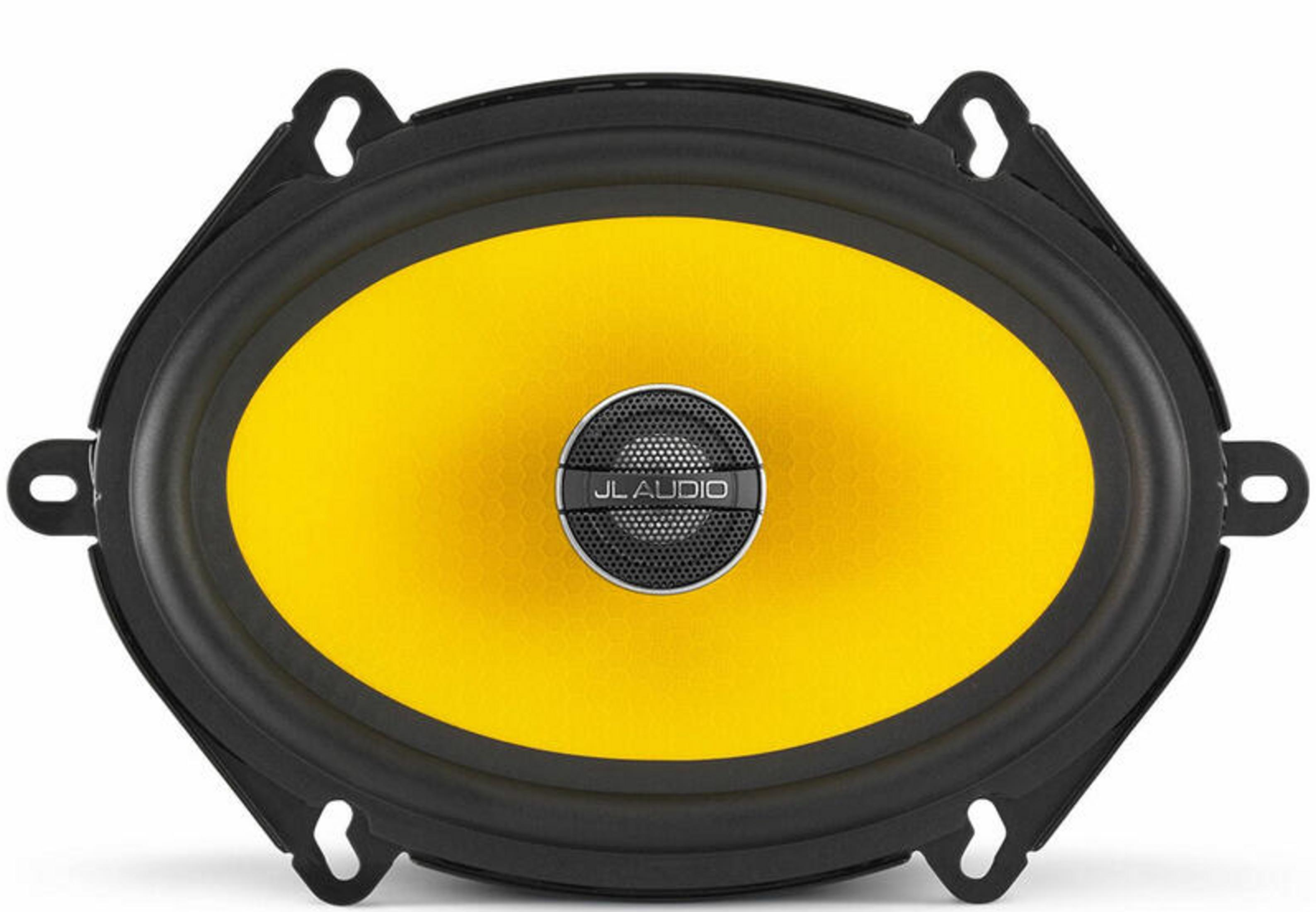 Ovaler JL Audio Lautsprecher mit gelber Membran und schwarzem Rahmen.