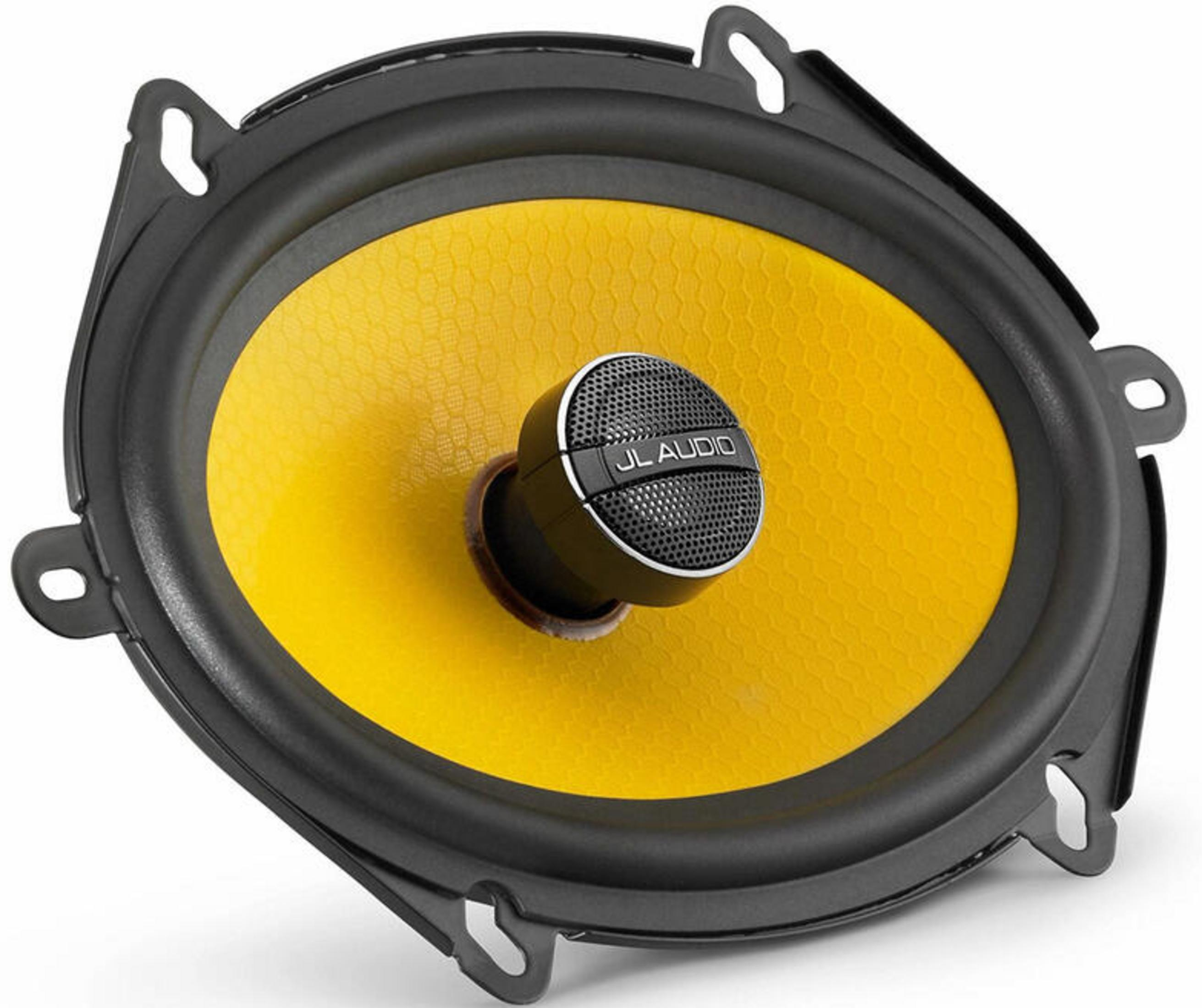 Ovaler Lautsprecher mit gelber Membran und schwarzem JL Audio-Logo.