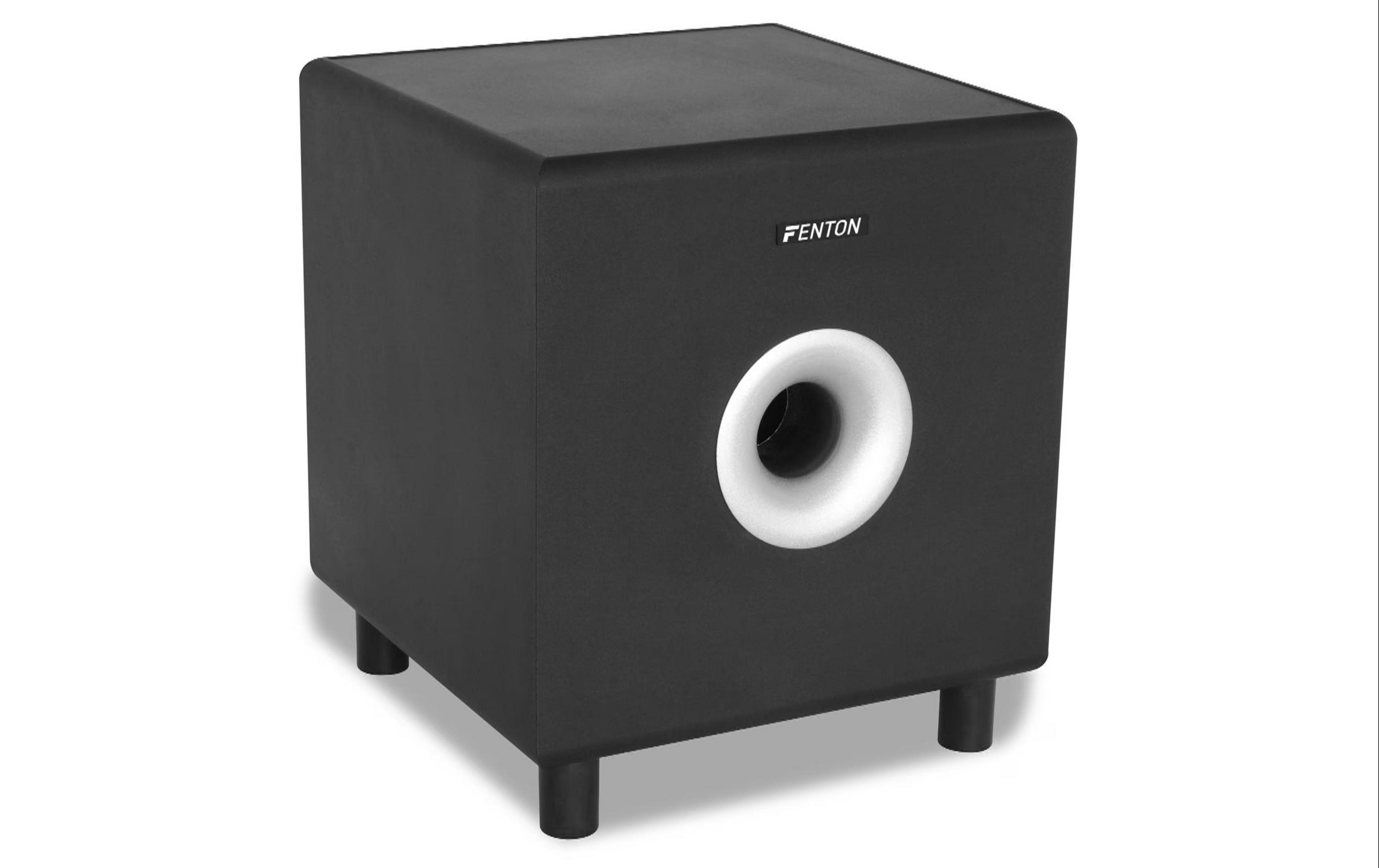 Caisson de basses noir avec un évent bass reflex blanc et logo Fenton sur fond blanc.