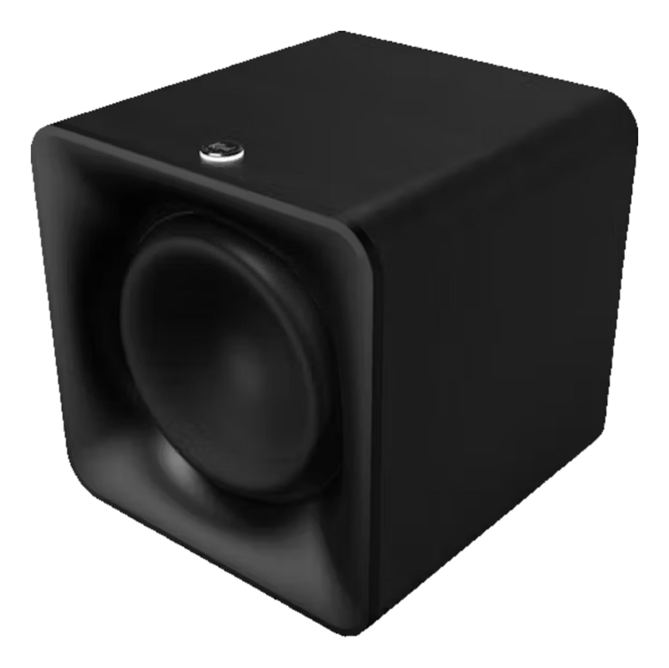 Un subwoofer nero a forma di cubo con fronte concavo e pulsante argentato in cima.
