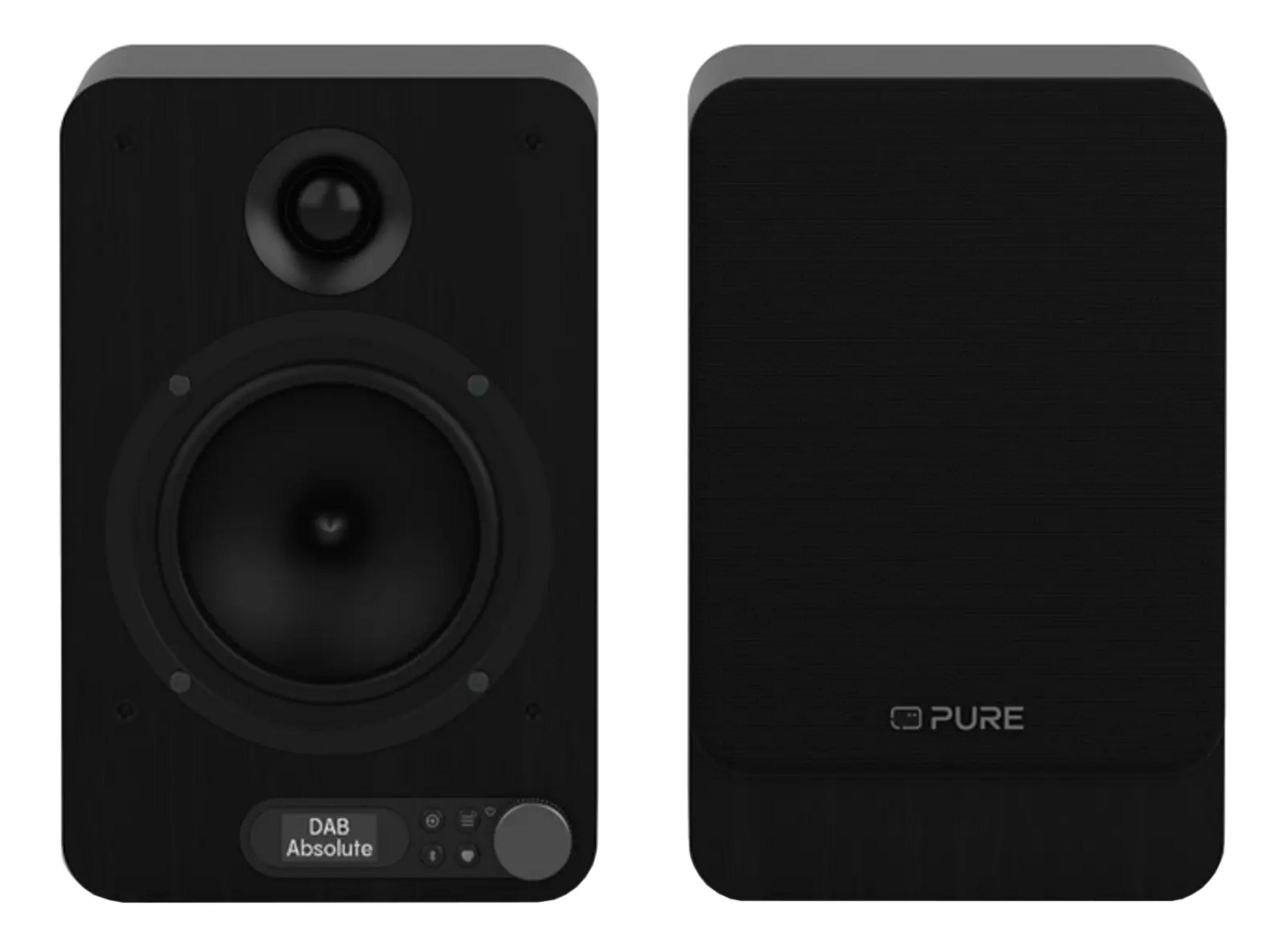 Un altoparlante nero con tweeter e woofer più grande. Viste frontale e laterale.