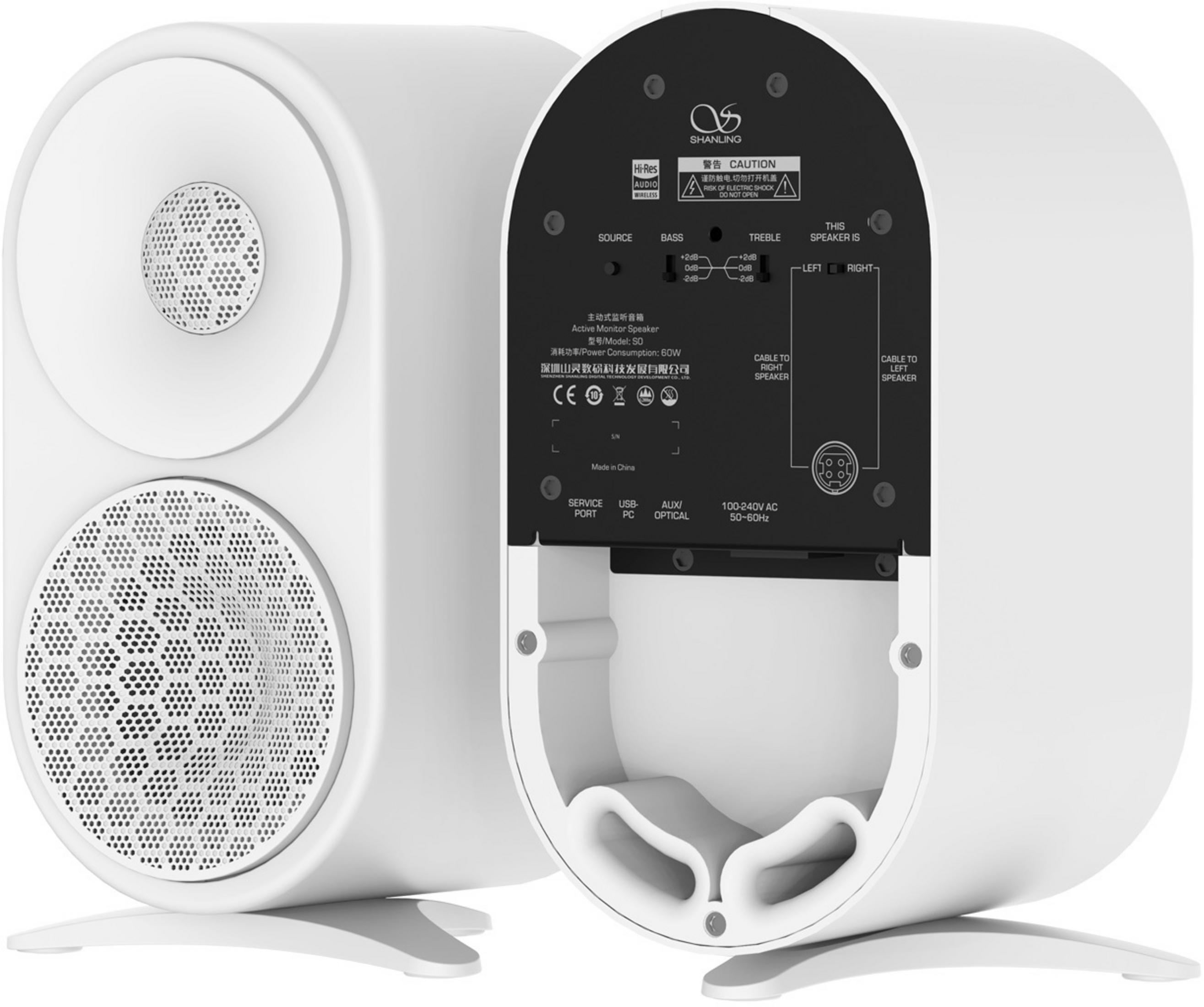Altavoces blancos con panel de control trasero y rejillas frontales. Modelo SO.