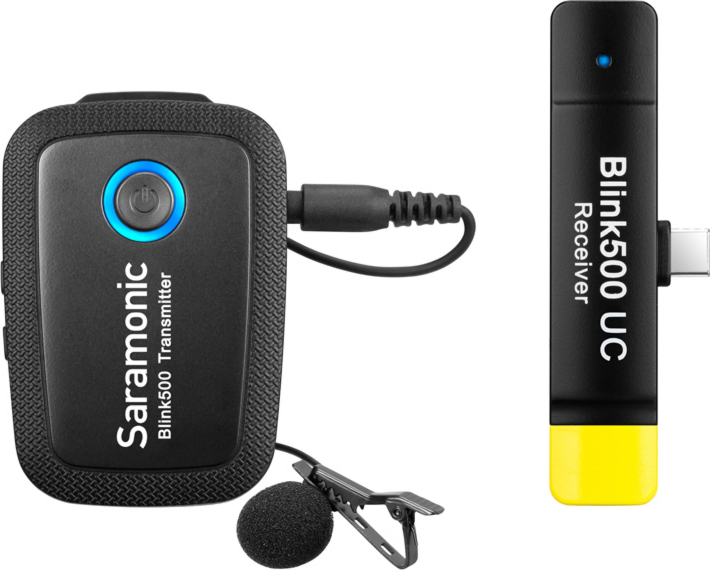 Zwei schwarze Mikrofone: Sender mit Lavalier und USB-C-Empfänger.