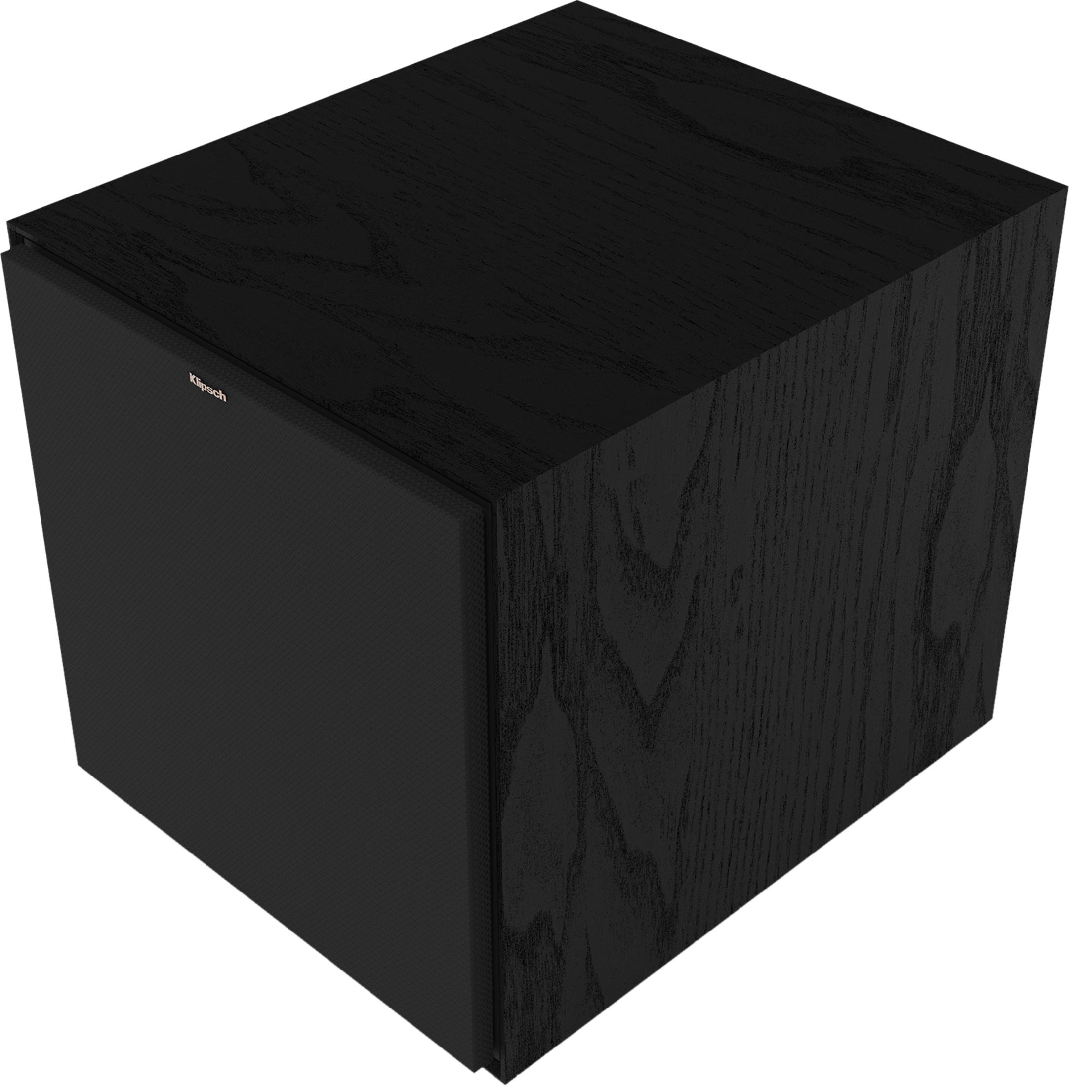 Schwarzer Subwoofer mit Holzmaserung und Frontgitter.
