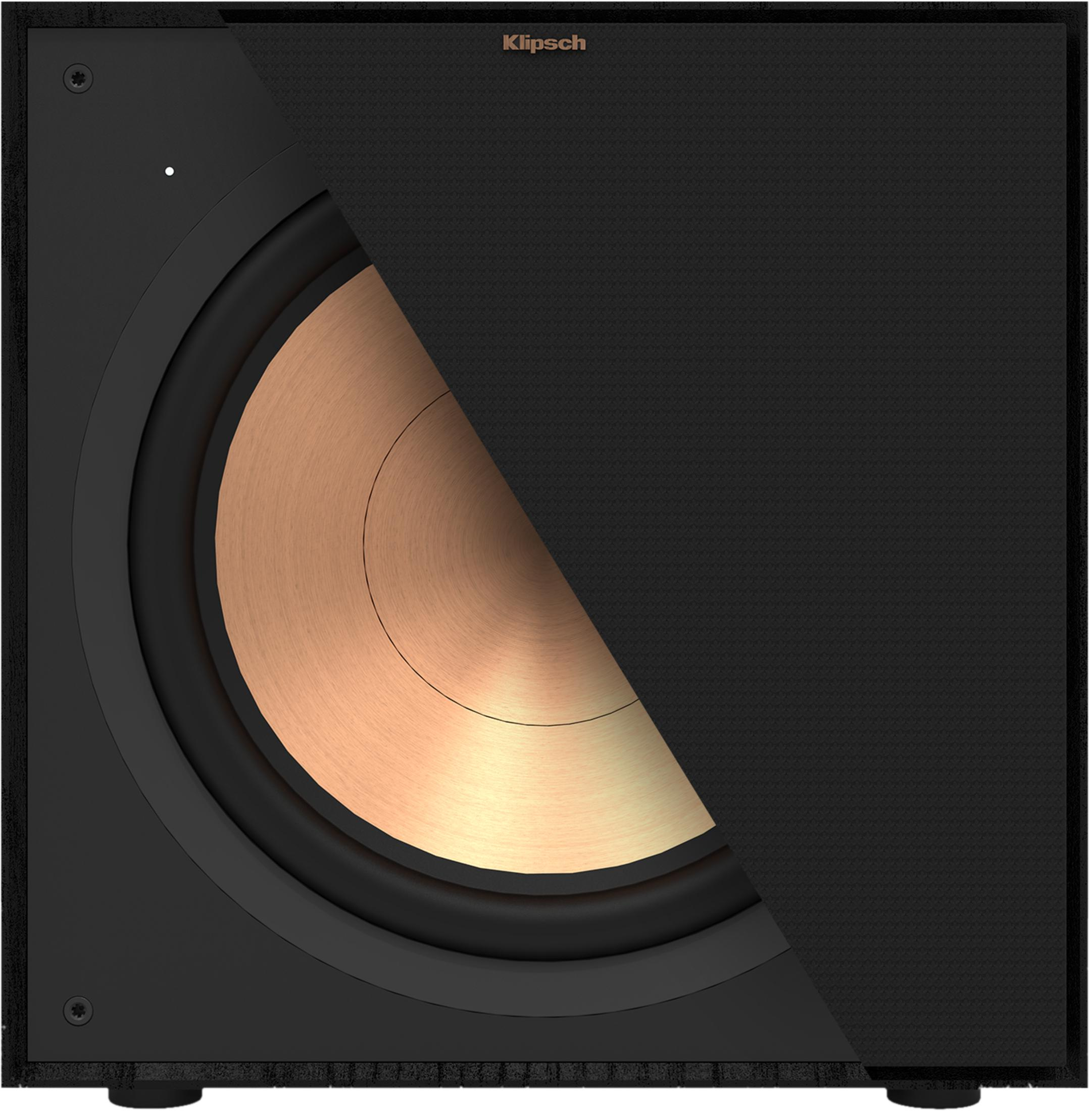 Schwarzer Subwoofer mit kupferfarbenem Konus, teilweise abgedeckt.
