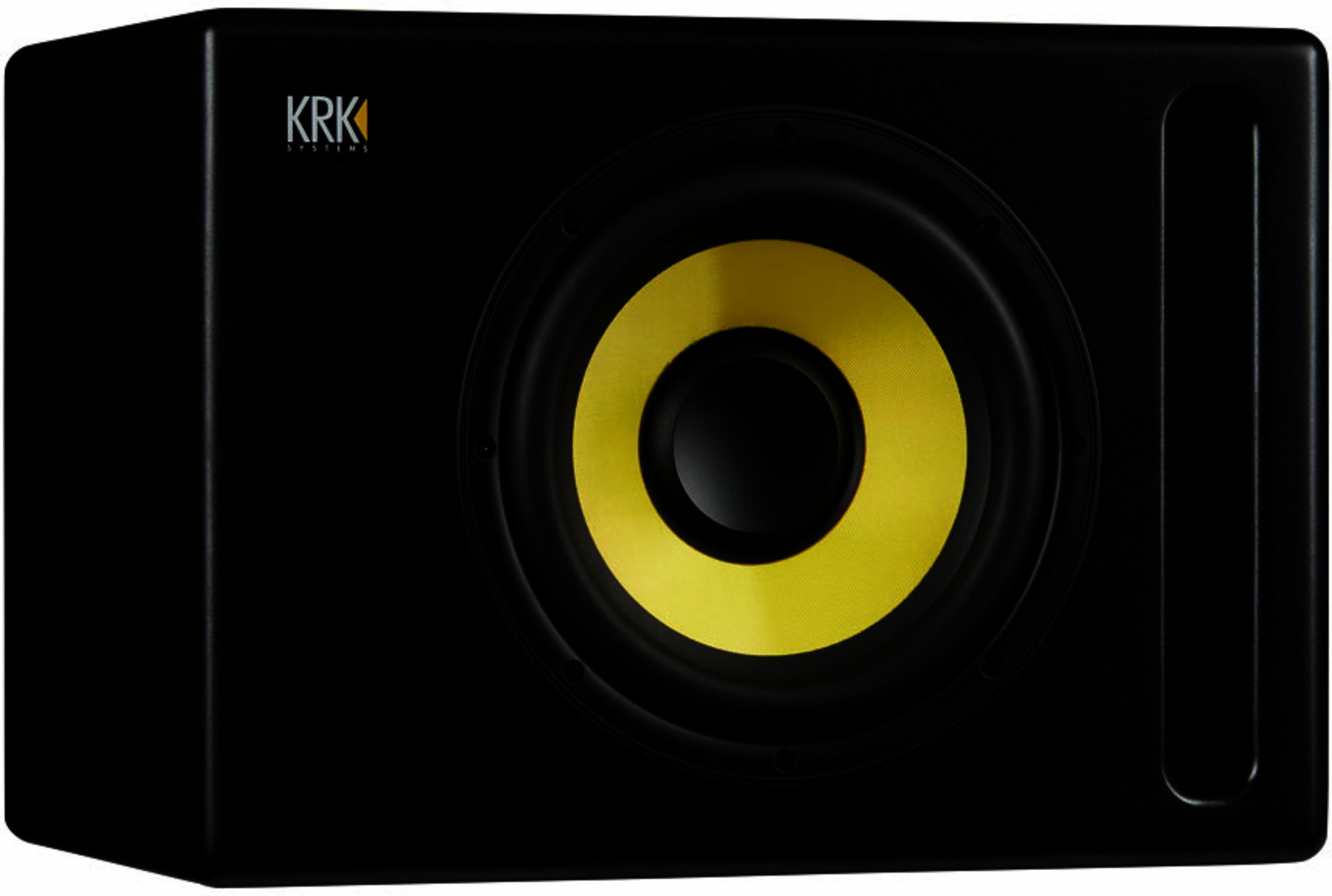 Subwoofer KRK nero con cono e logo gialli.