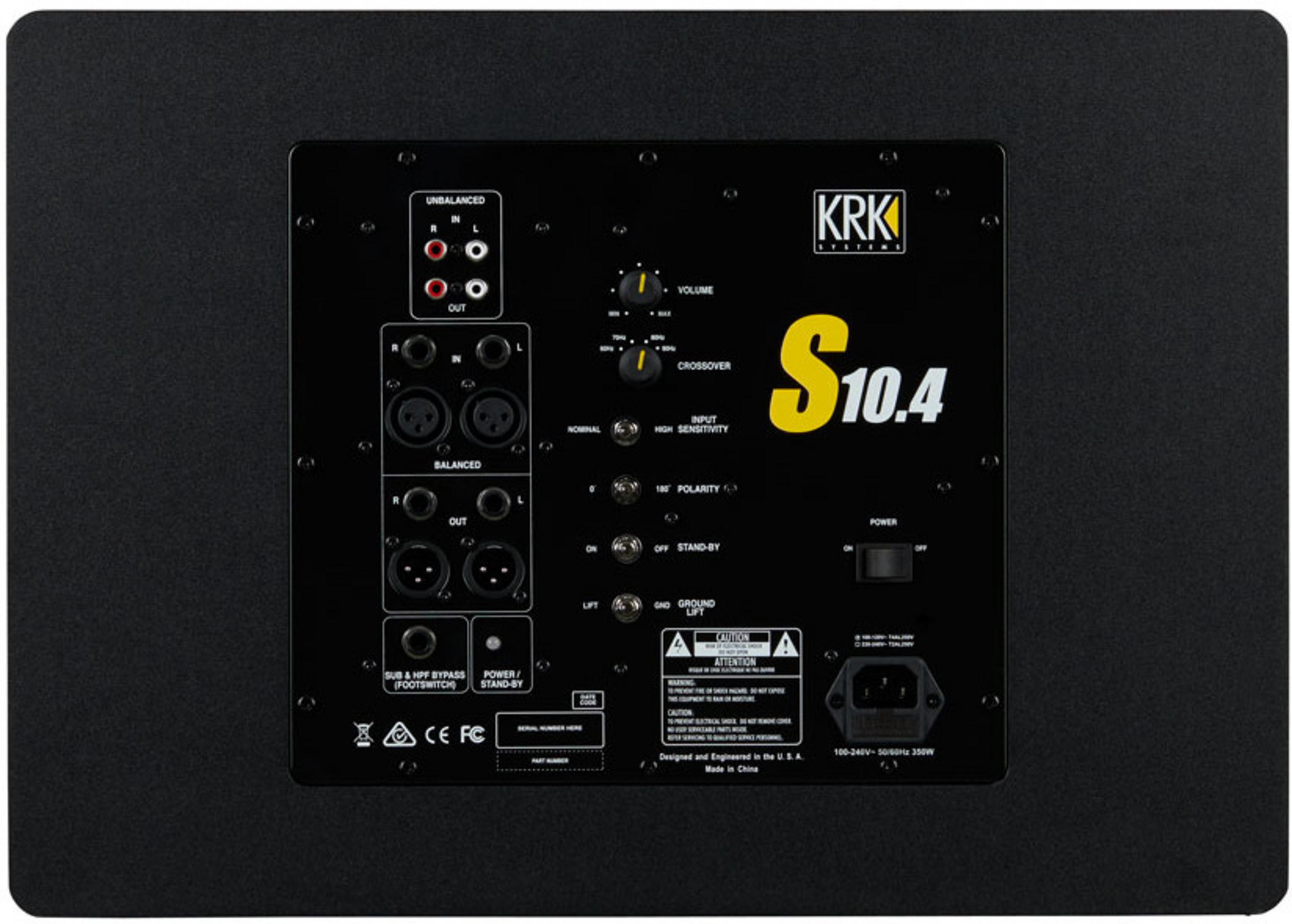 Pannello posteriore di un subwoofer KRK S10.4 nero, con connessioni, manopole ed etichette.