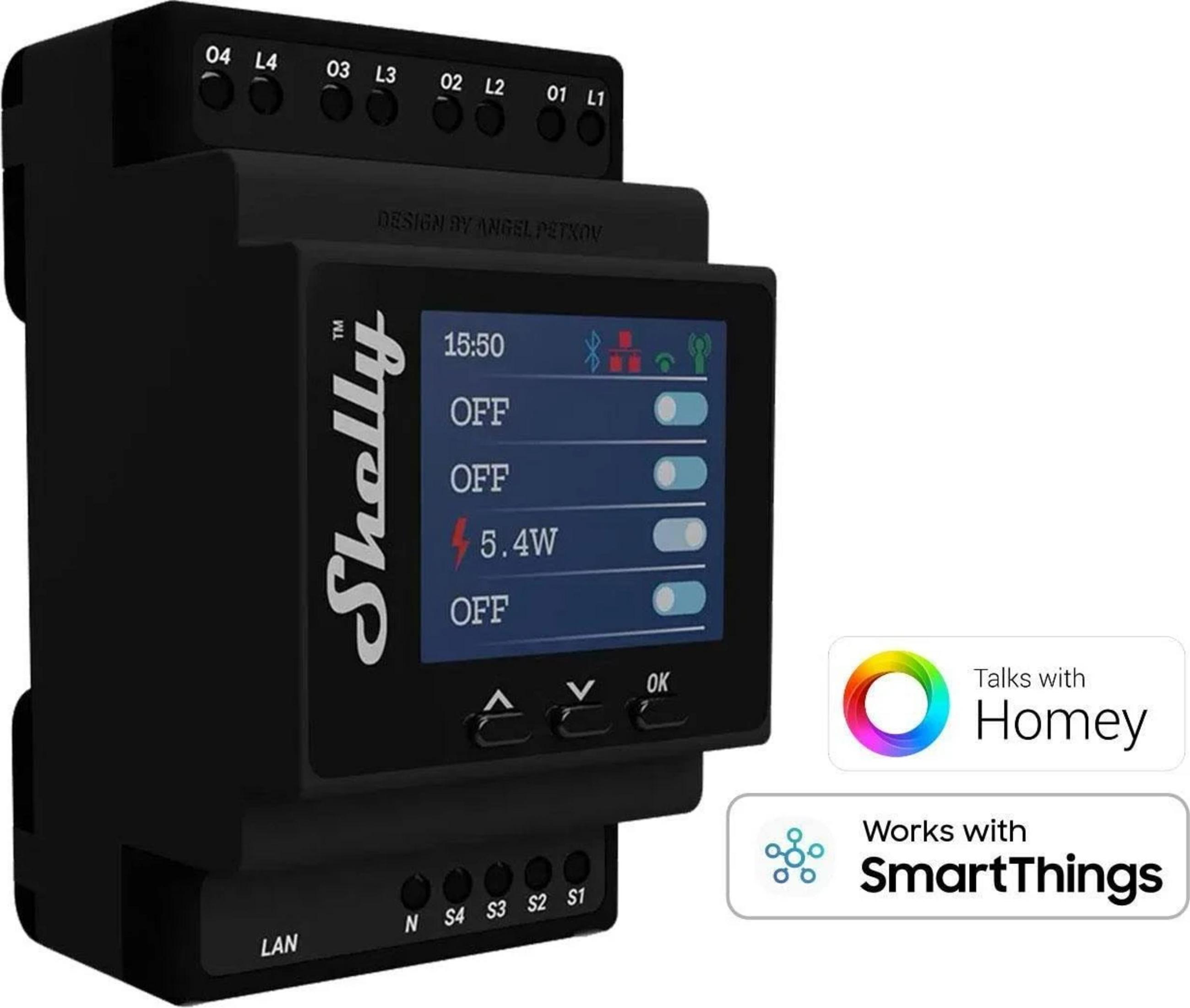 Interruttore smart home Shelly nero con display e pulsanti.
