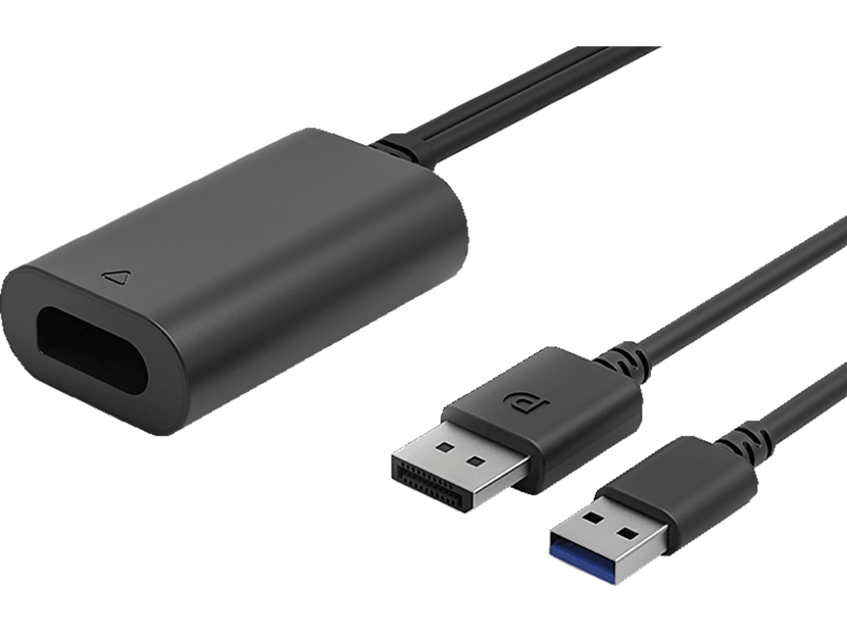 Schwarzer Adapter mit DisplayPort- und USB-Anschluss, auf weißem Hintergrund.