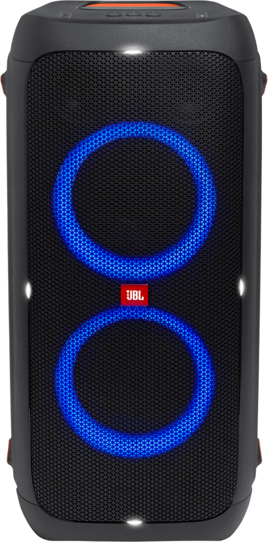 Altoparlante JBL nero con anelli luminosi blu e logo JBL.