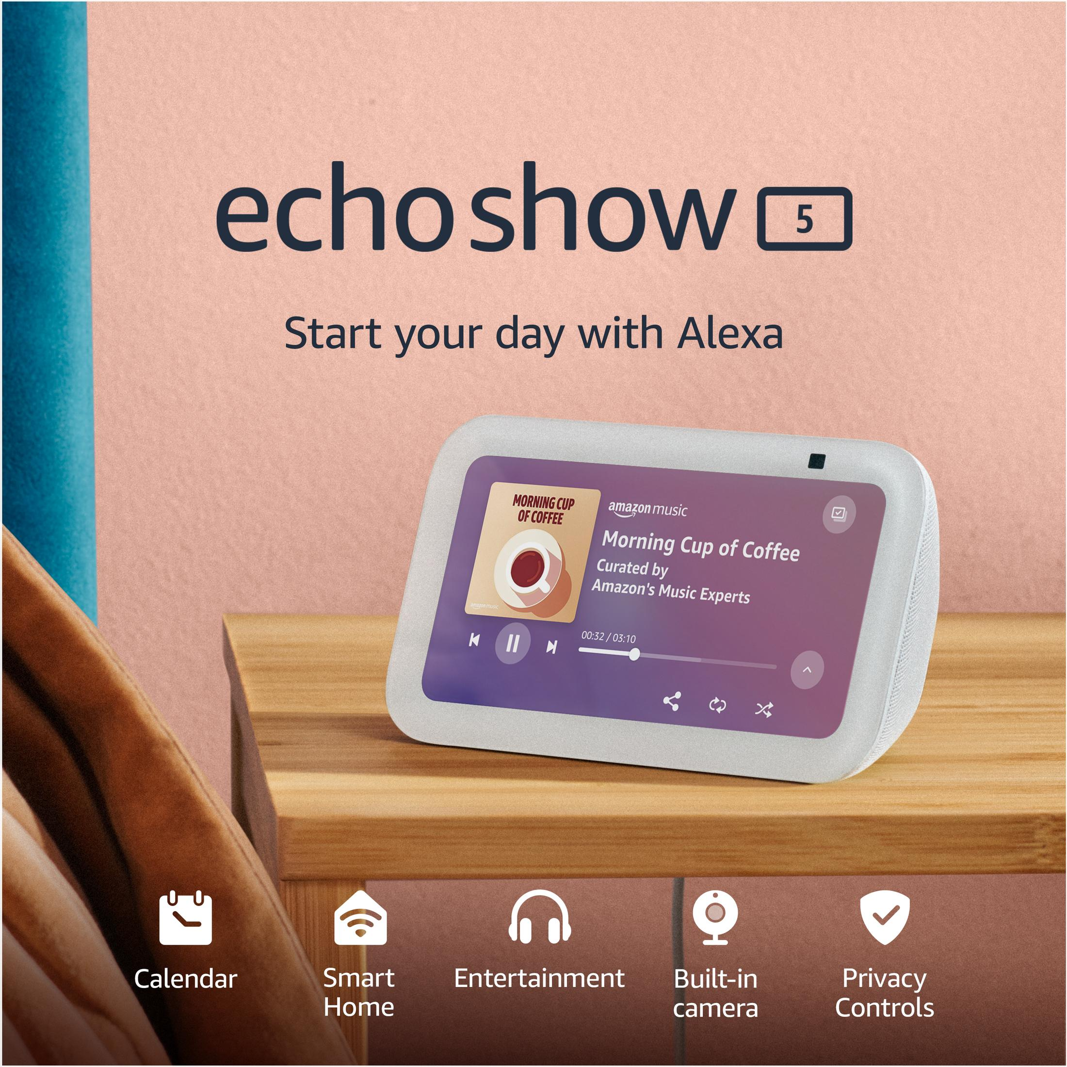 Echo Show 5 displaying music app, calendar, smart home, entertainment, camera, privacy.