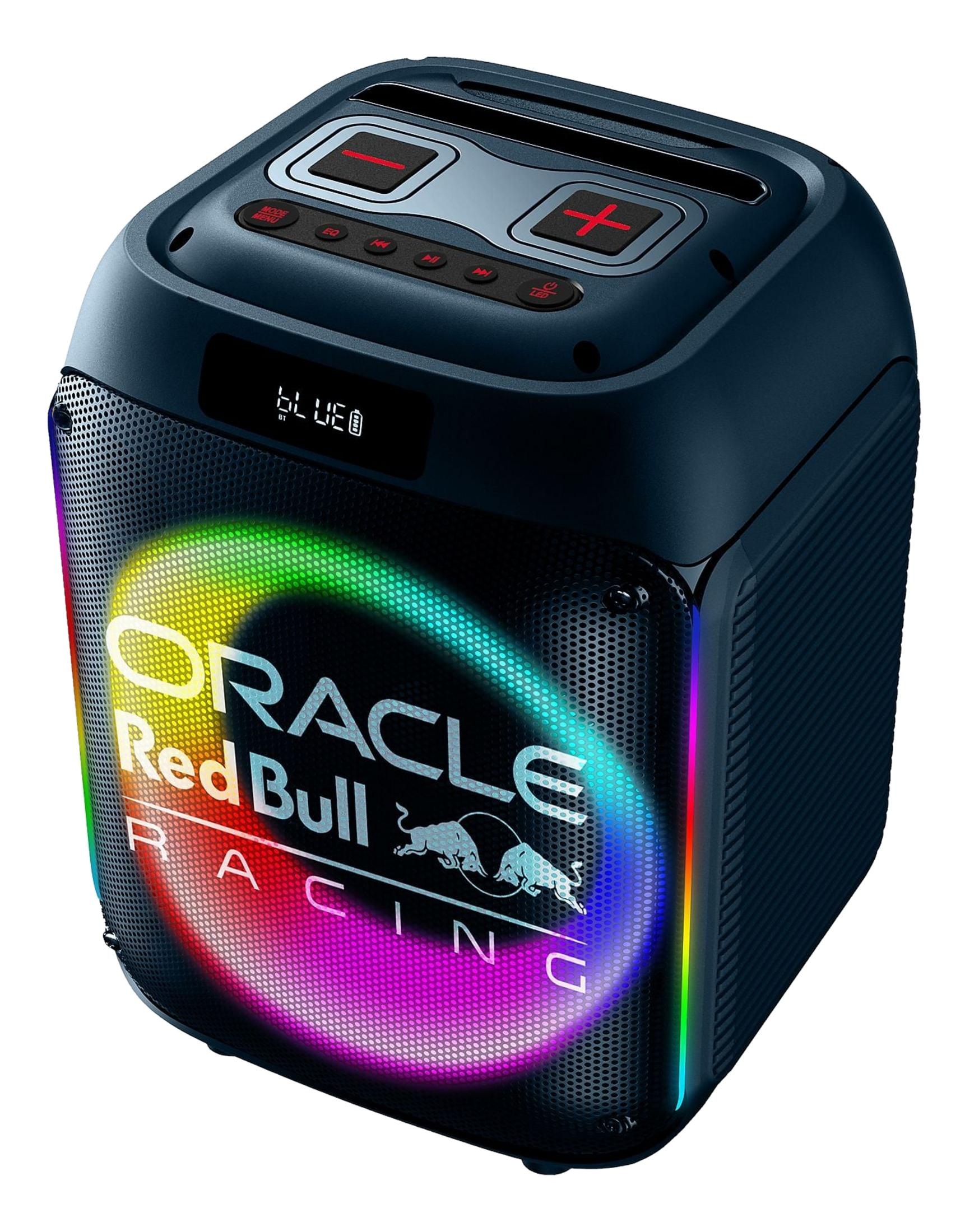 Altoparlante Bluetooth blu scuro con logo Oracle Red Bull Racing e illuminazione RGB.