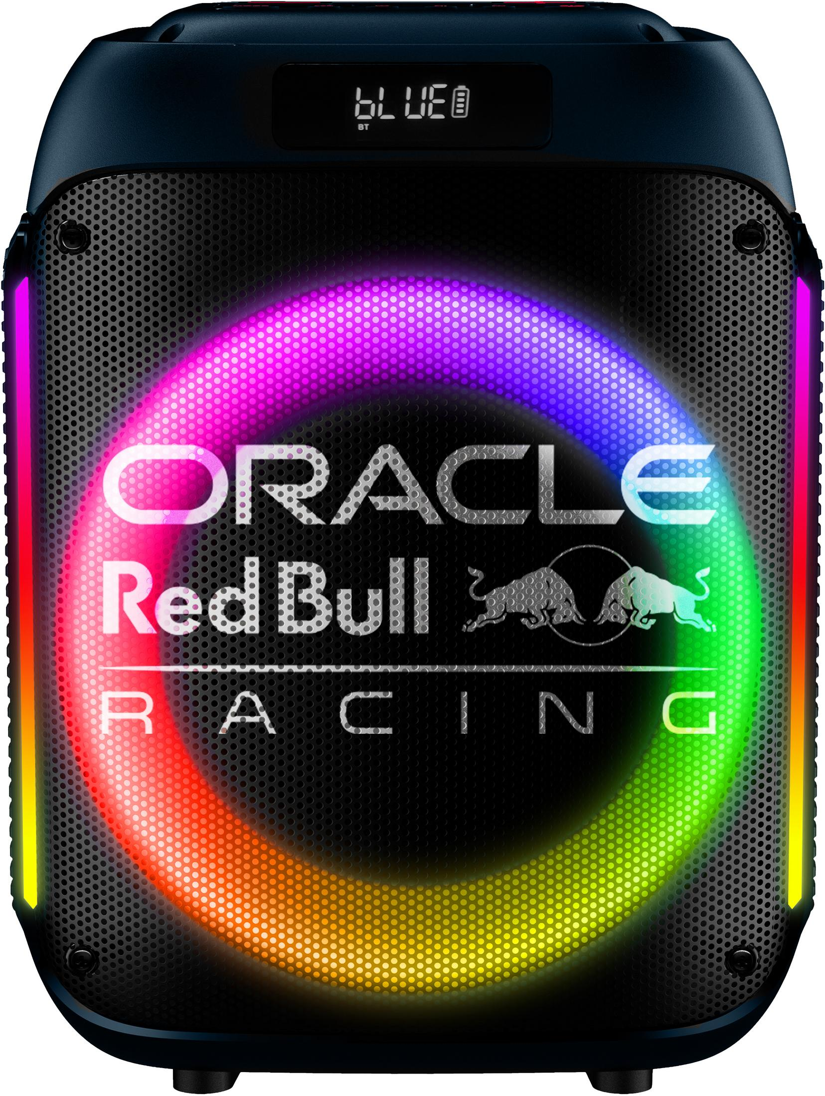 Un altoparlante portatile con logo Oracle Red Bull Racing ed effetti luminosi LED arcobaleno.