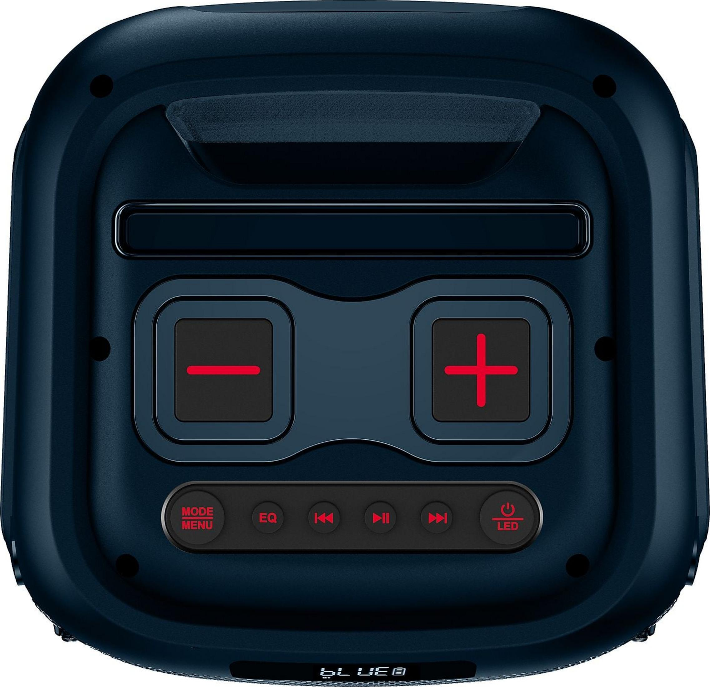 Altoparlante blu scuro con pulsanti volume e controllo: modalità, EQ, salta, play/pausa, LED.