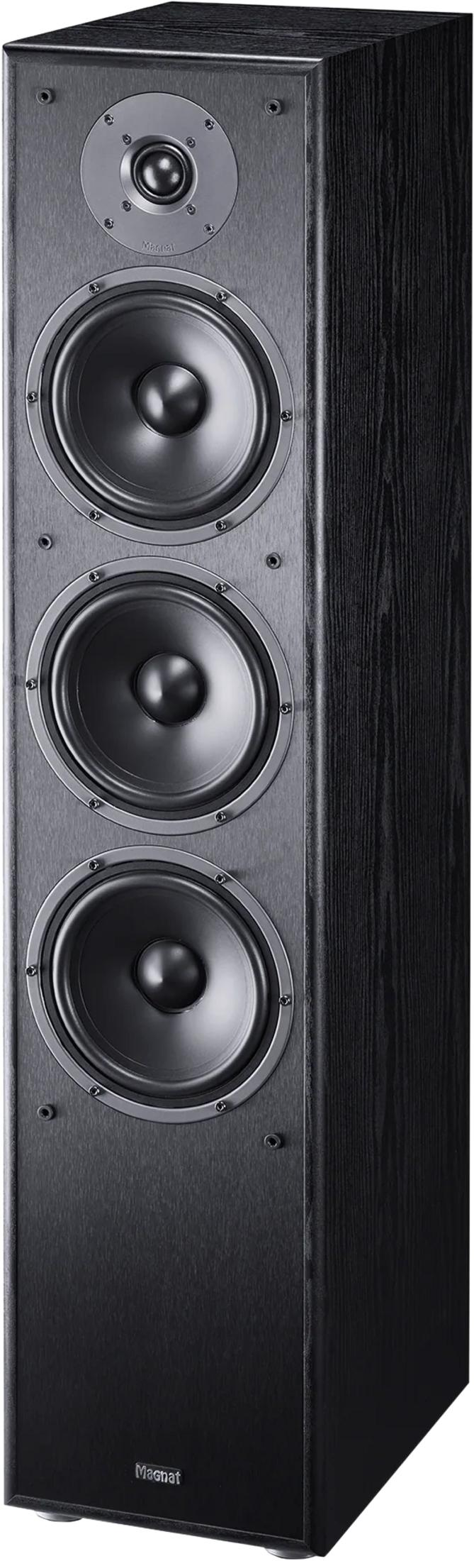 A black floorstanding speaker with three drivers and silver accents.