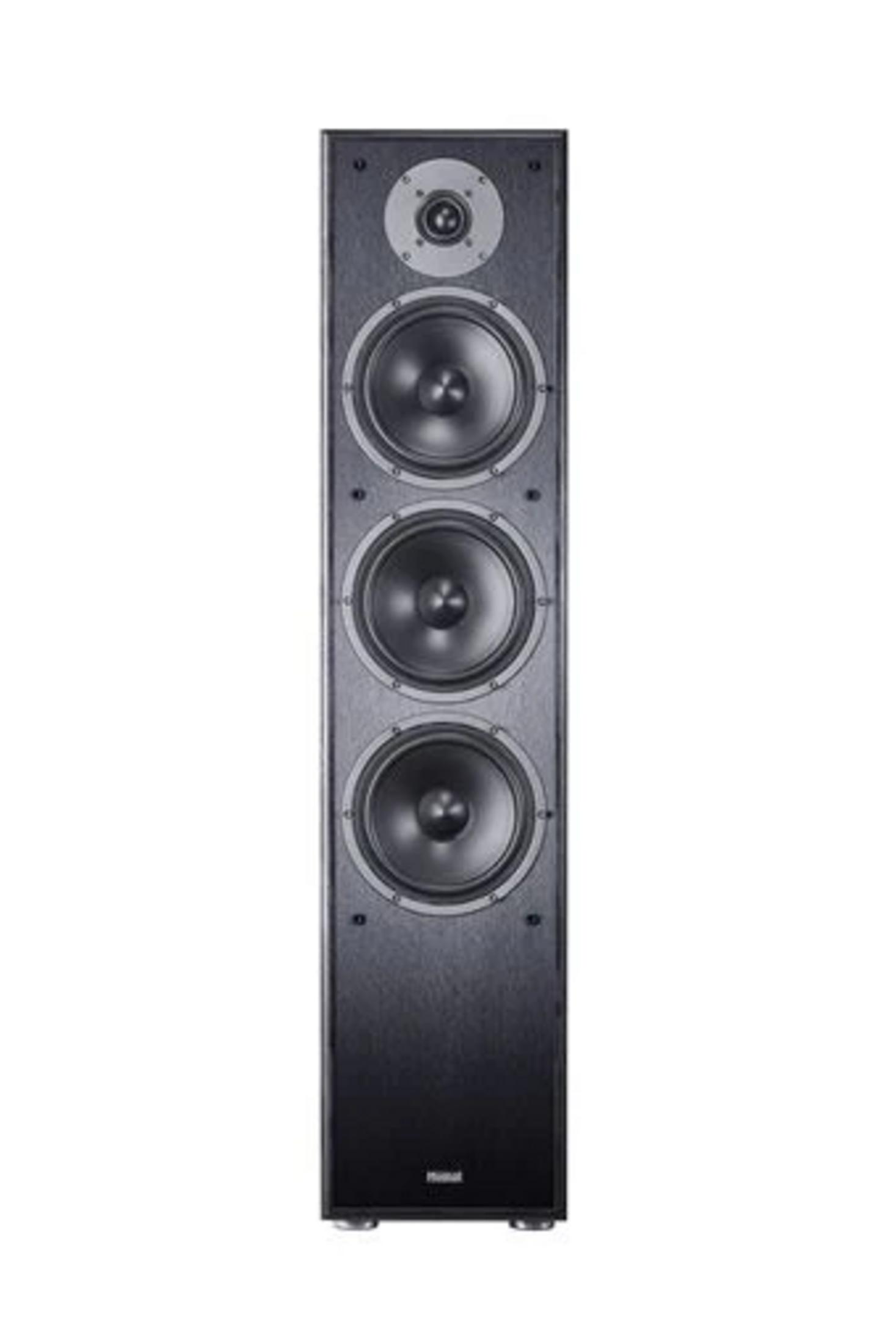 Black floorstanding speaker with three drivers and one tweeter.