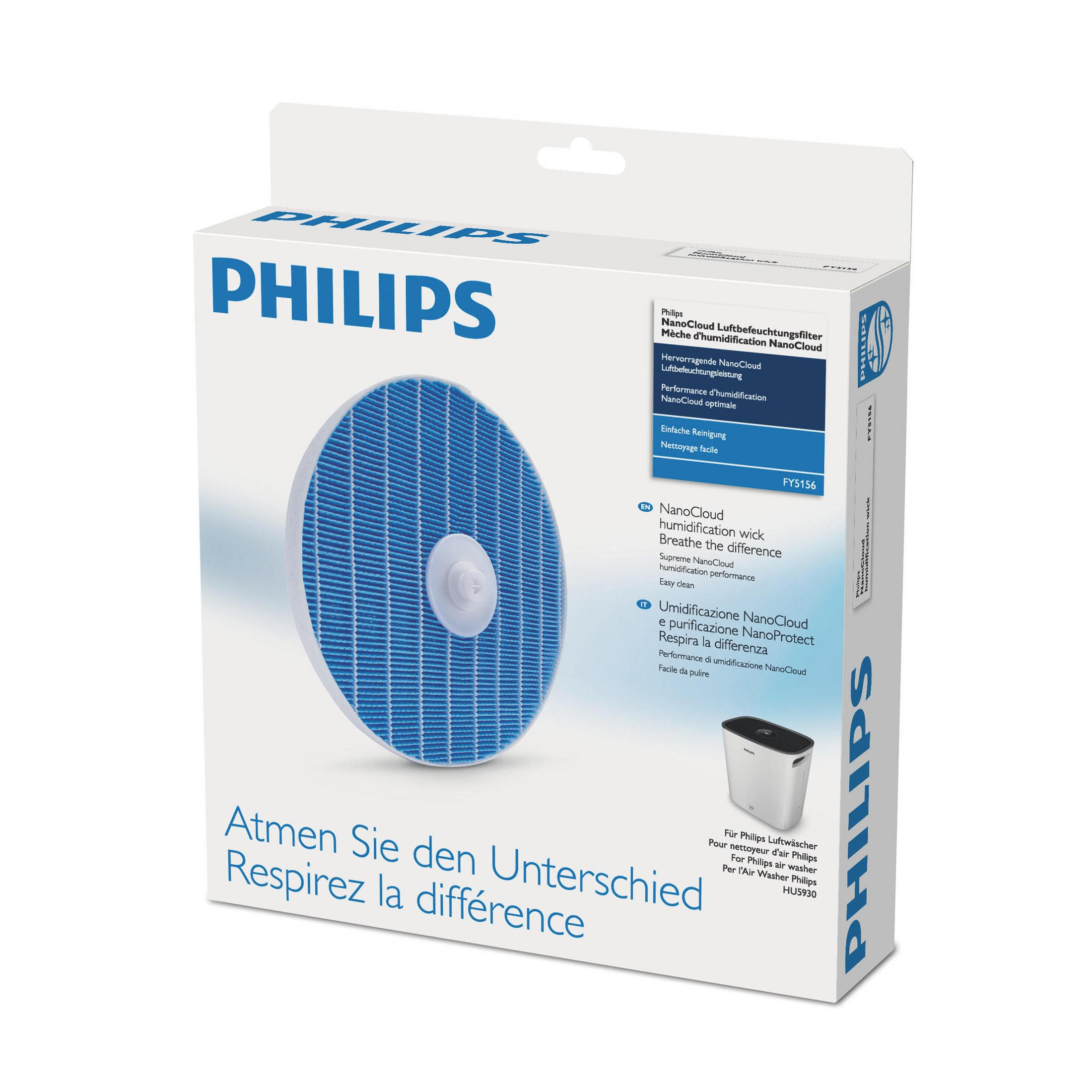Philips NanoCloud Luftbefeuchter Filter. Blaue Filtermatte auf weißer Verpackung.